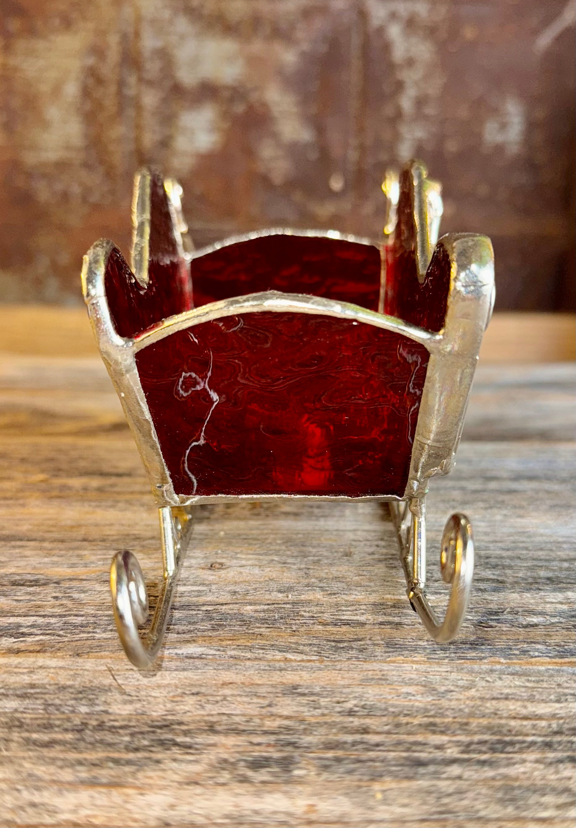 Stained Glass & Metal Christmas Sleigh Suncatcher with Holly Candleholder