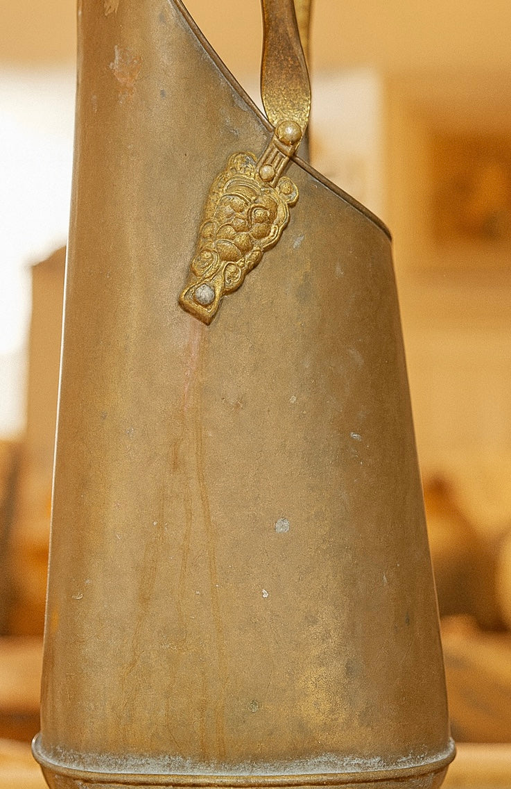 Vintage Brass Coal Scuttle with Hand-Painted Ceramic Handles