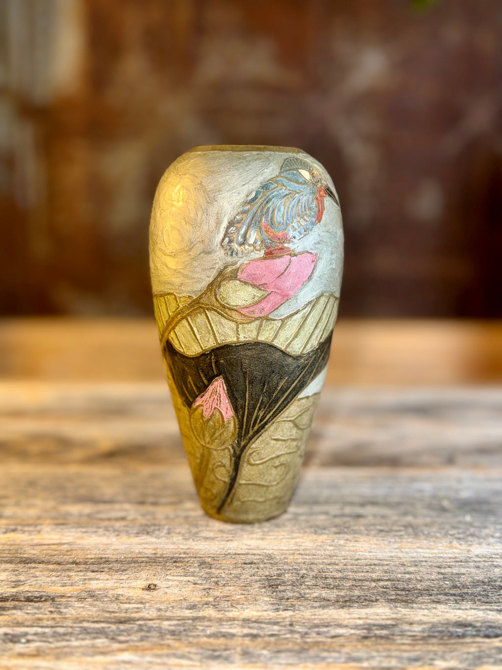 Vintage Hummingbird Cloisonné Brass Vase