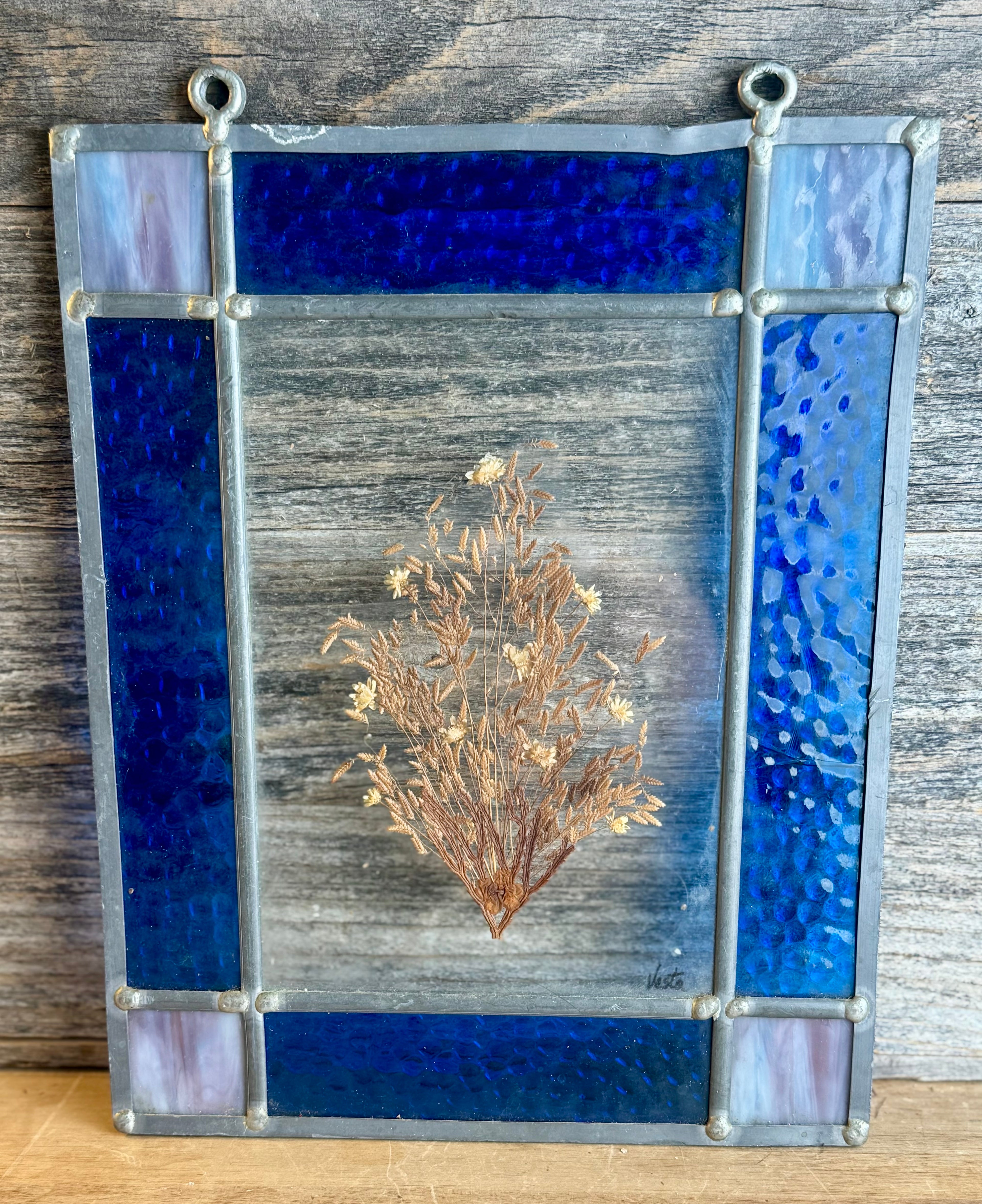 Vintage Stain glass Sun Catcher w/ Dried Flower Insert