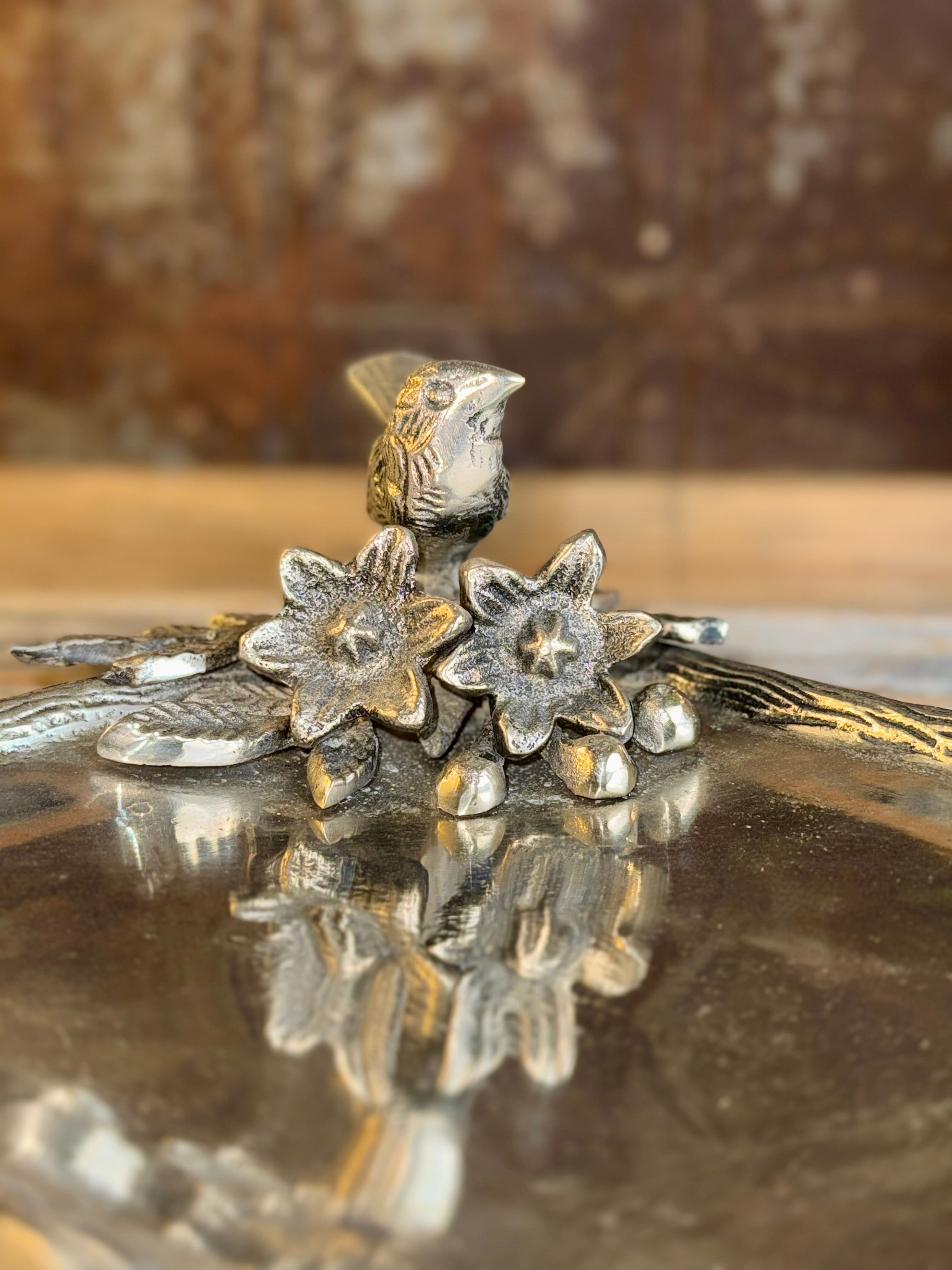 Silver Metal Tray Dish with Flowers and Branch w/ Bird
