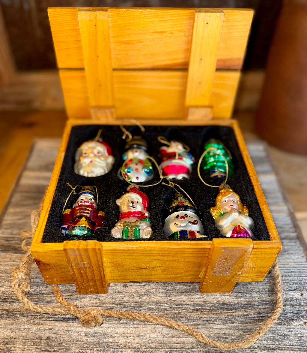Vintage Thomas Pacconi Glass Ornament with Wood Box (Set of 8)