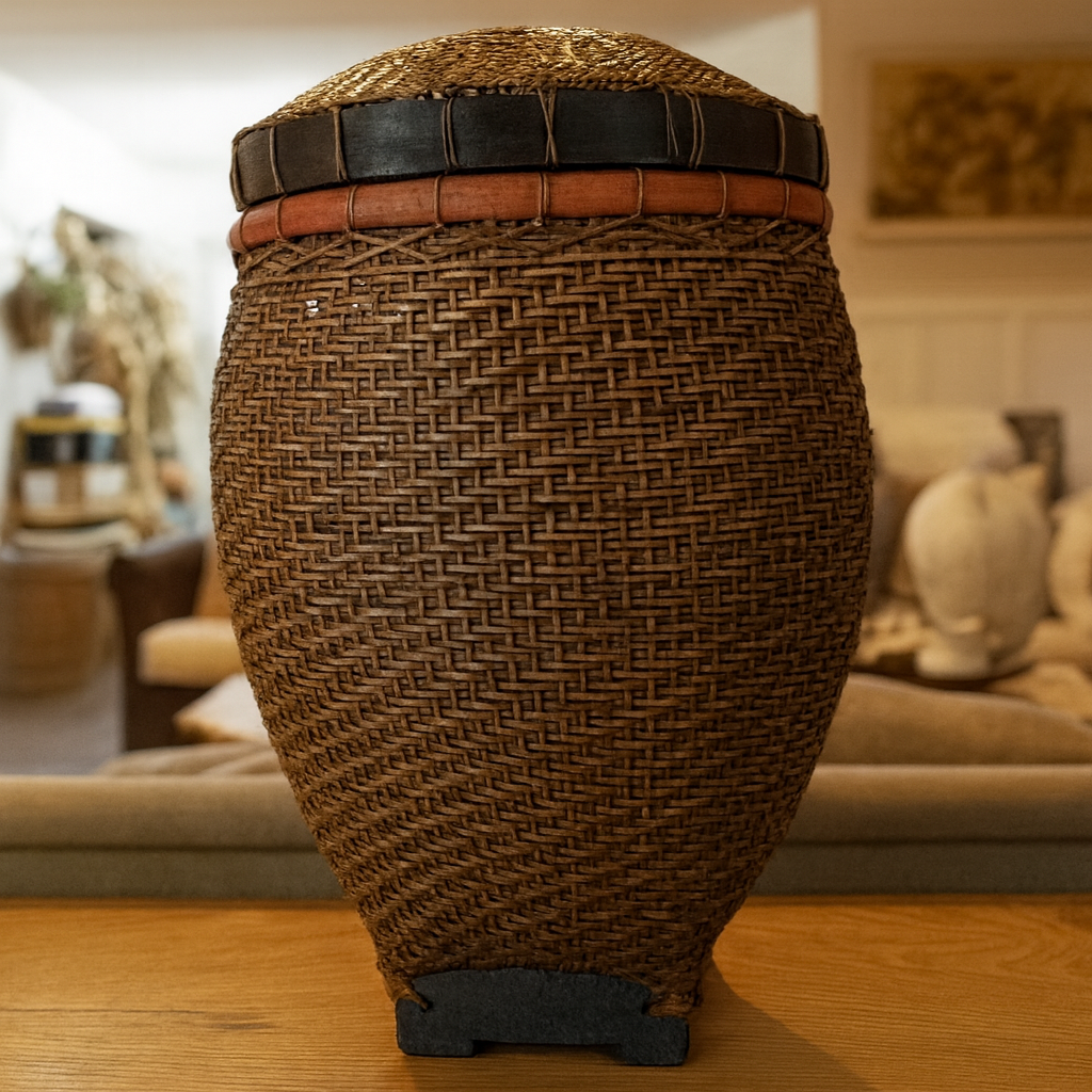 Handwoven Lidded Basket with Stand – Vintage Tribal-Style Storage Vessel