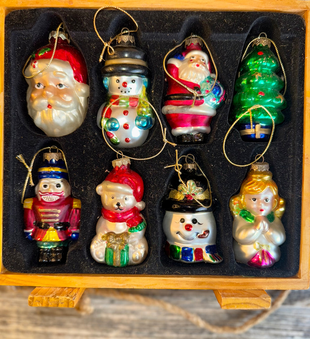 Vintage Thomas Pacconi Glass Ornament with Wood Box (Set of 8)