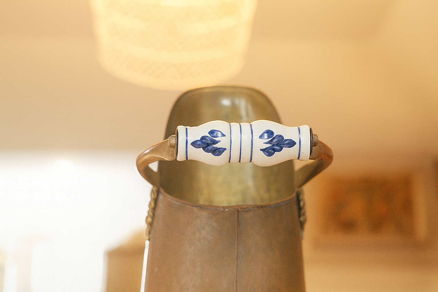 Vintage Brass Coal Scuttle with Hand-Painted Ceramic Handles
