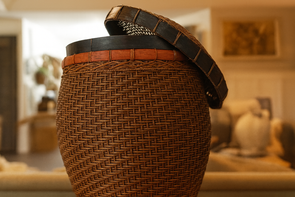 Handwoven Lidded Basket with Stand – Vintage Tribal-Style Storage Vessel