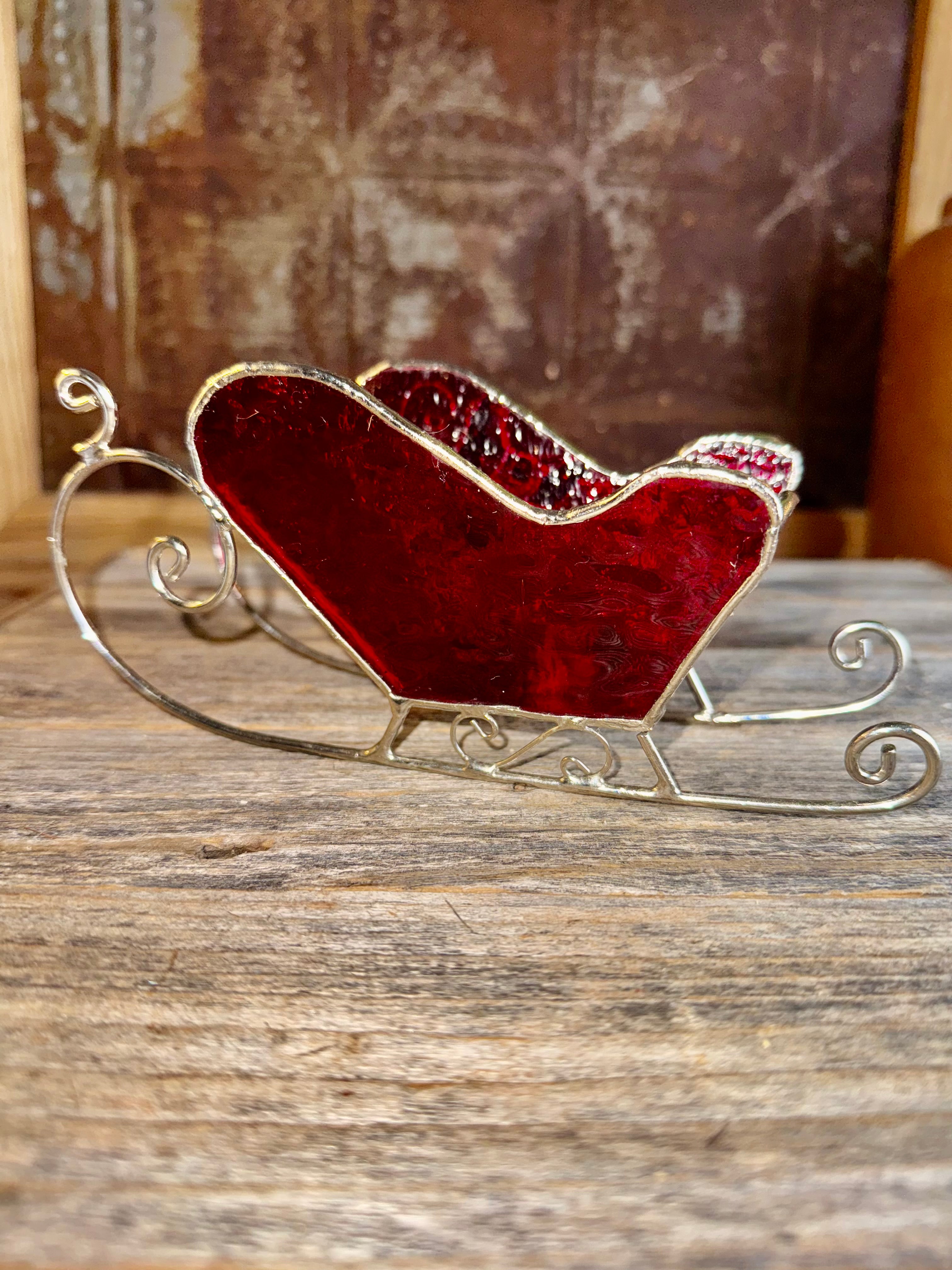 Stained Glass & Metal Christmas Sleigh Suncatcher with Holly Candleholder