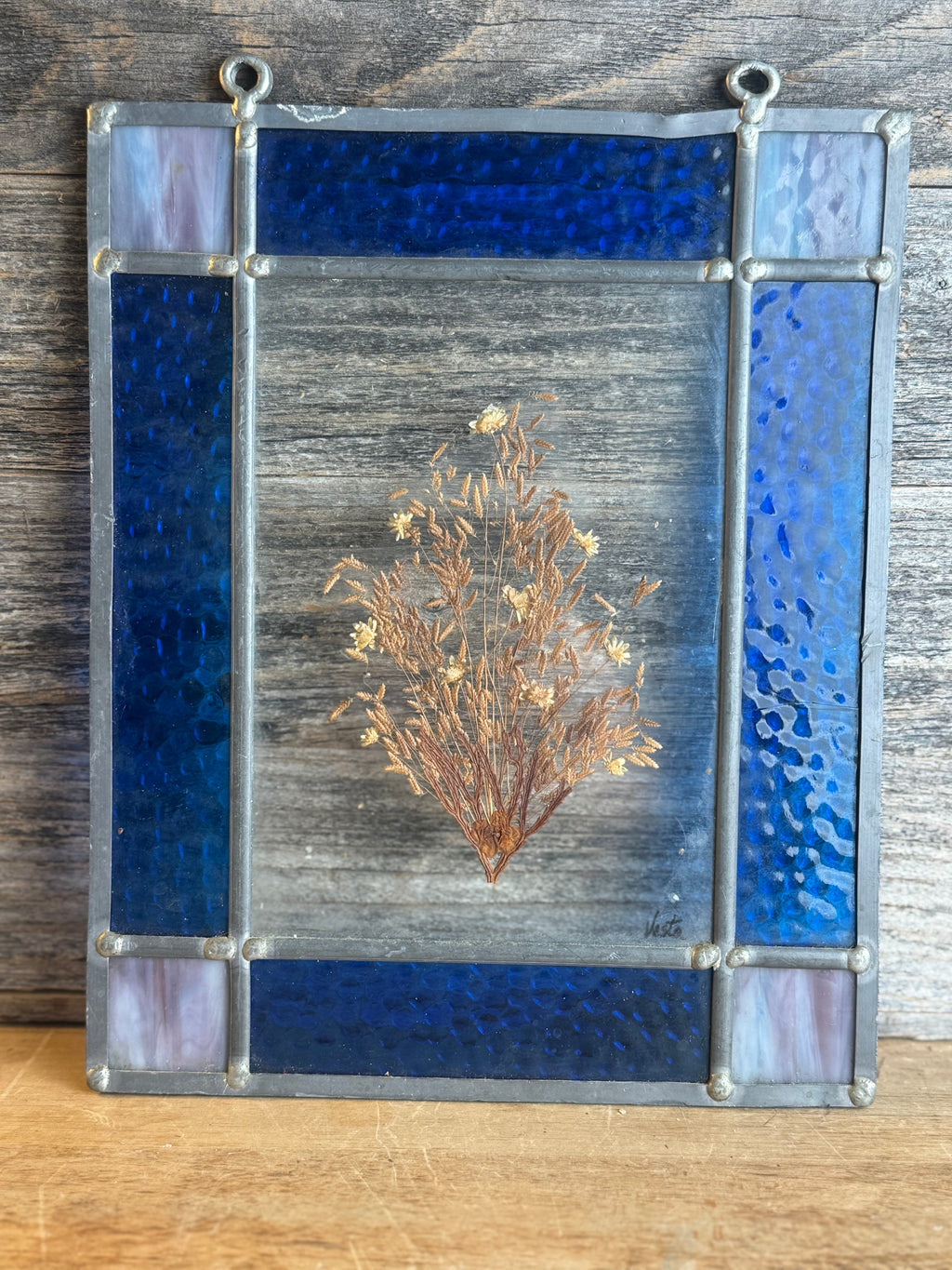 Vintage Stain glass Sun Catcher w/ Dried Flower Insert