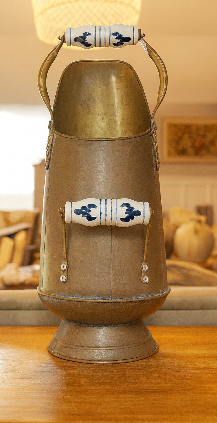 Vintage Brass Coal Scuttle with Hand-Painted Ceramic Handles