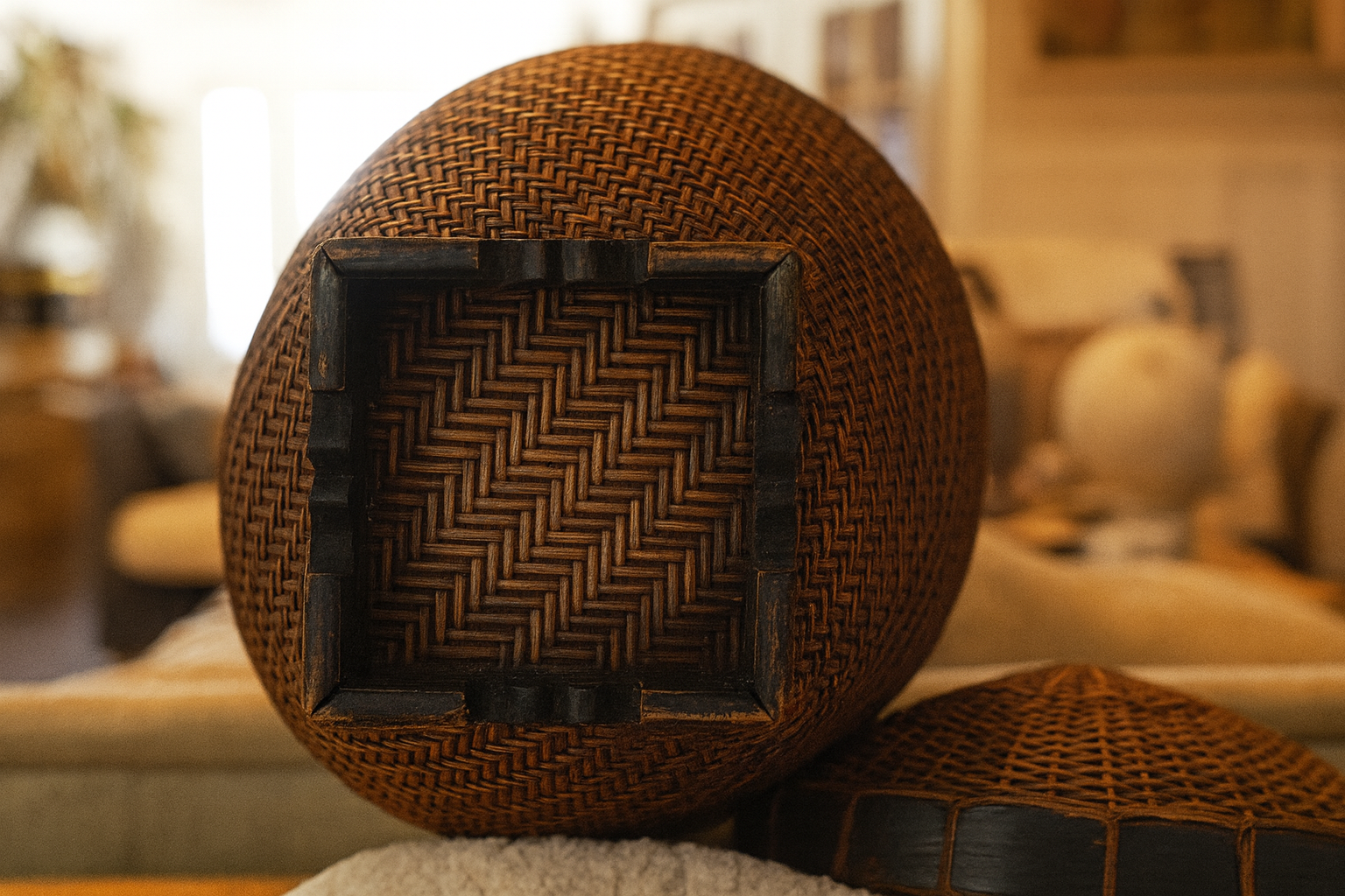 Handwoven Lidded Basket with Stand – Vintage Tribal-Style Storage Vessel