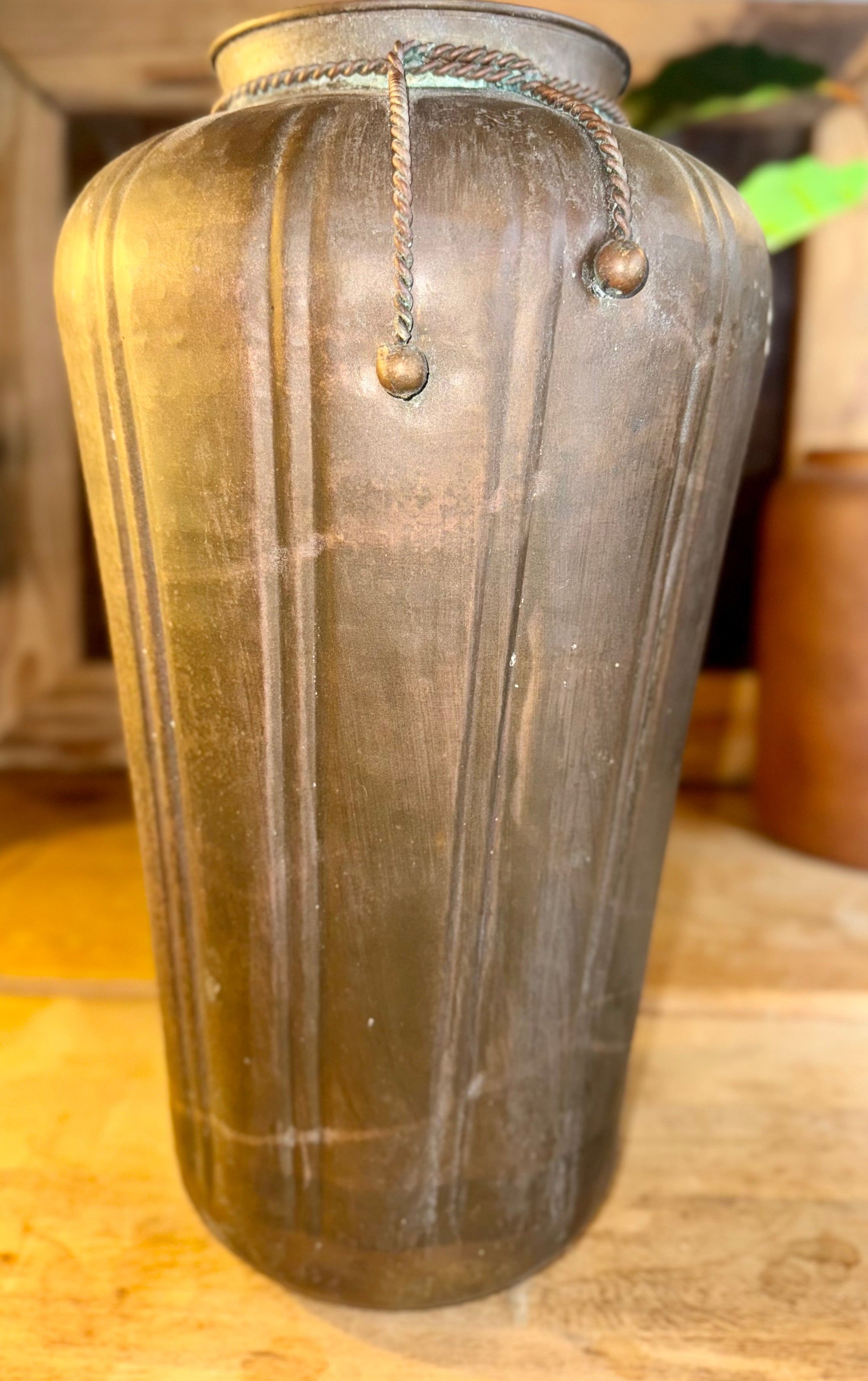 Vintage Tarnished Hammered Brass Copper Vase