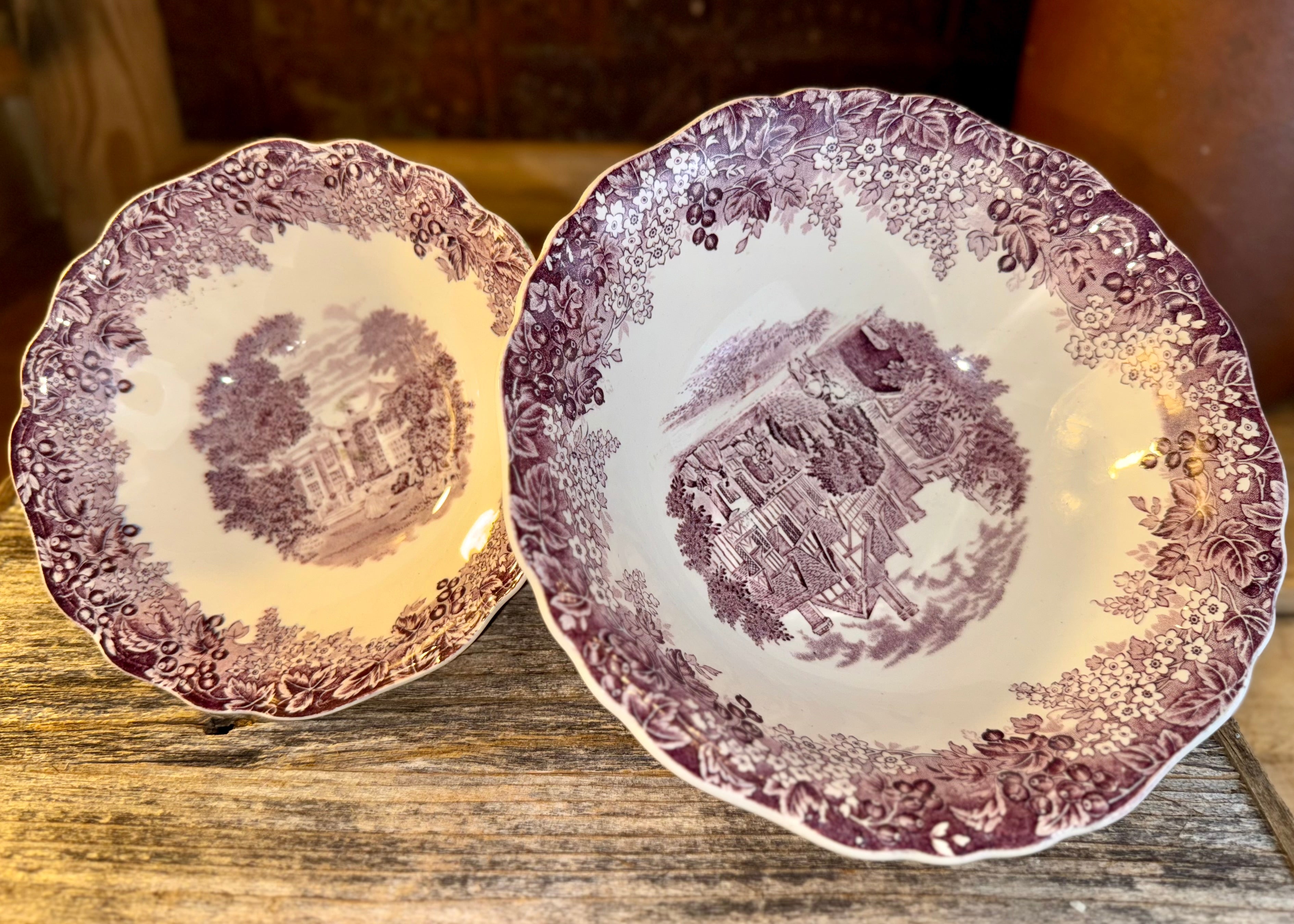 Vintage Romantic England Purple Transfer Ware Bowls