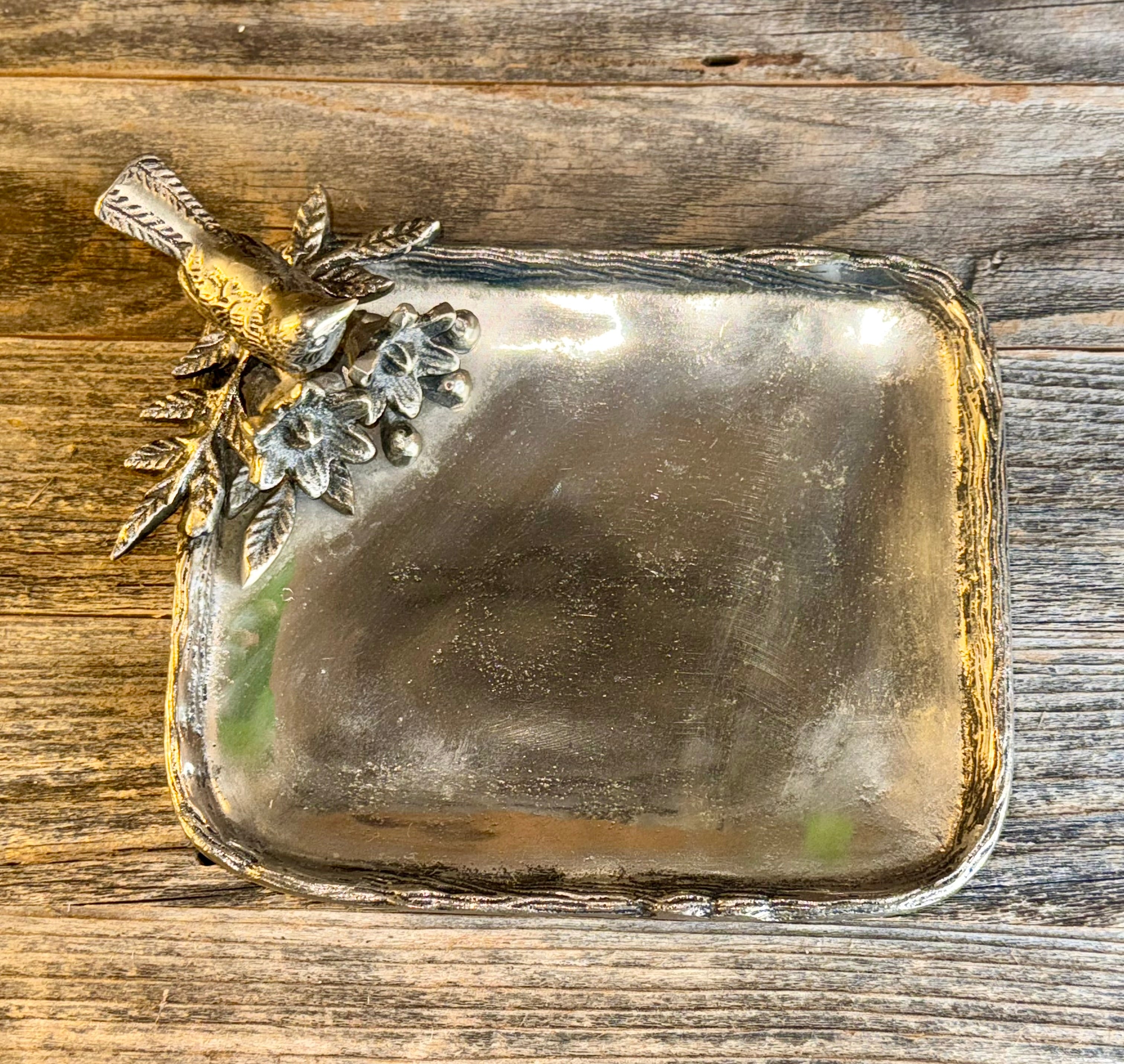 Silver Metal Tray Dish with Flowers and Branch w/ Bird