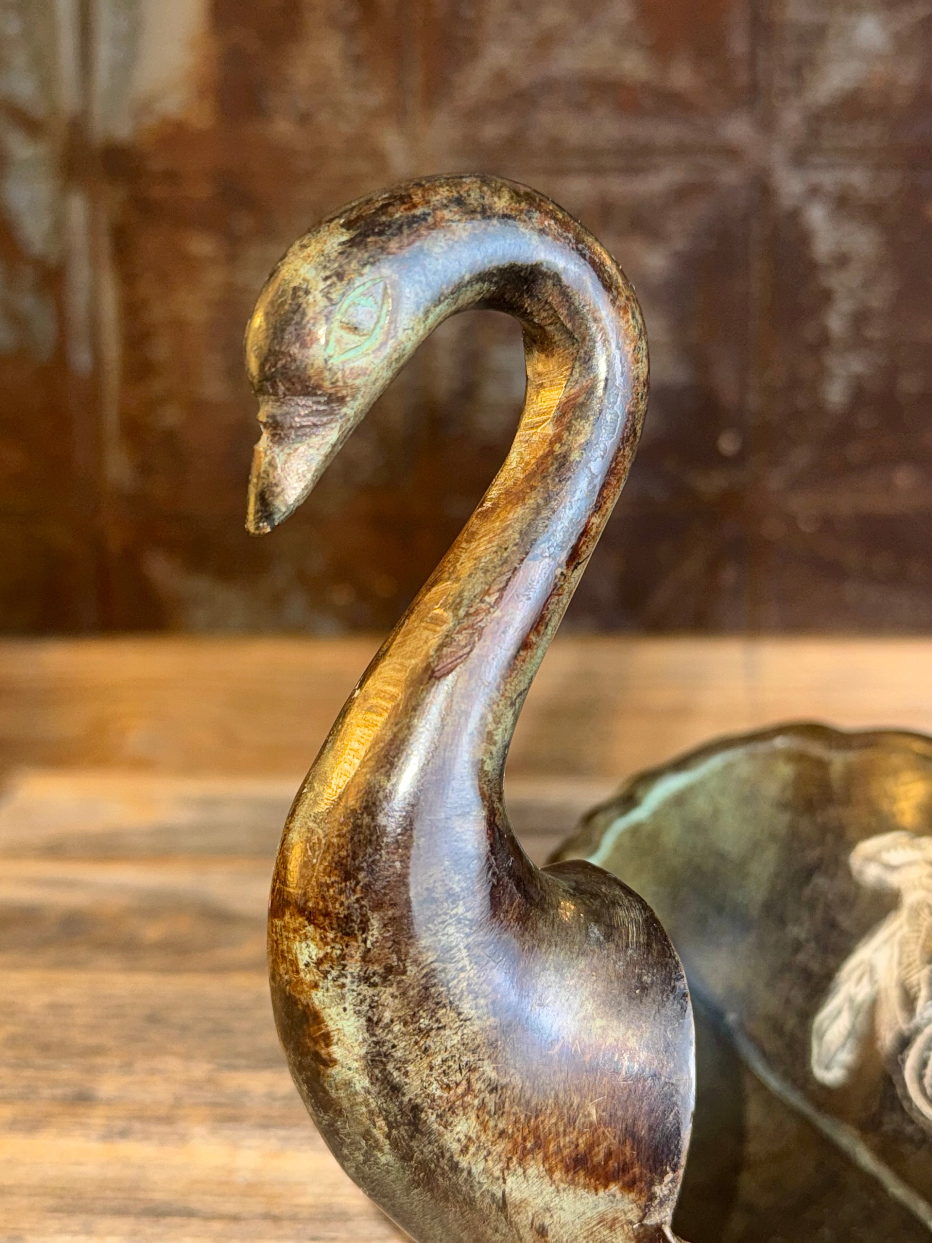 Vintage Etched Bronze Swan Bowl/Planter figurine