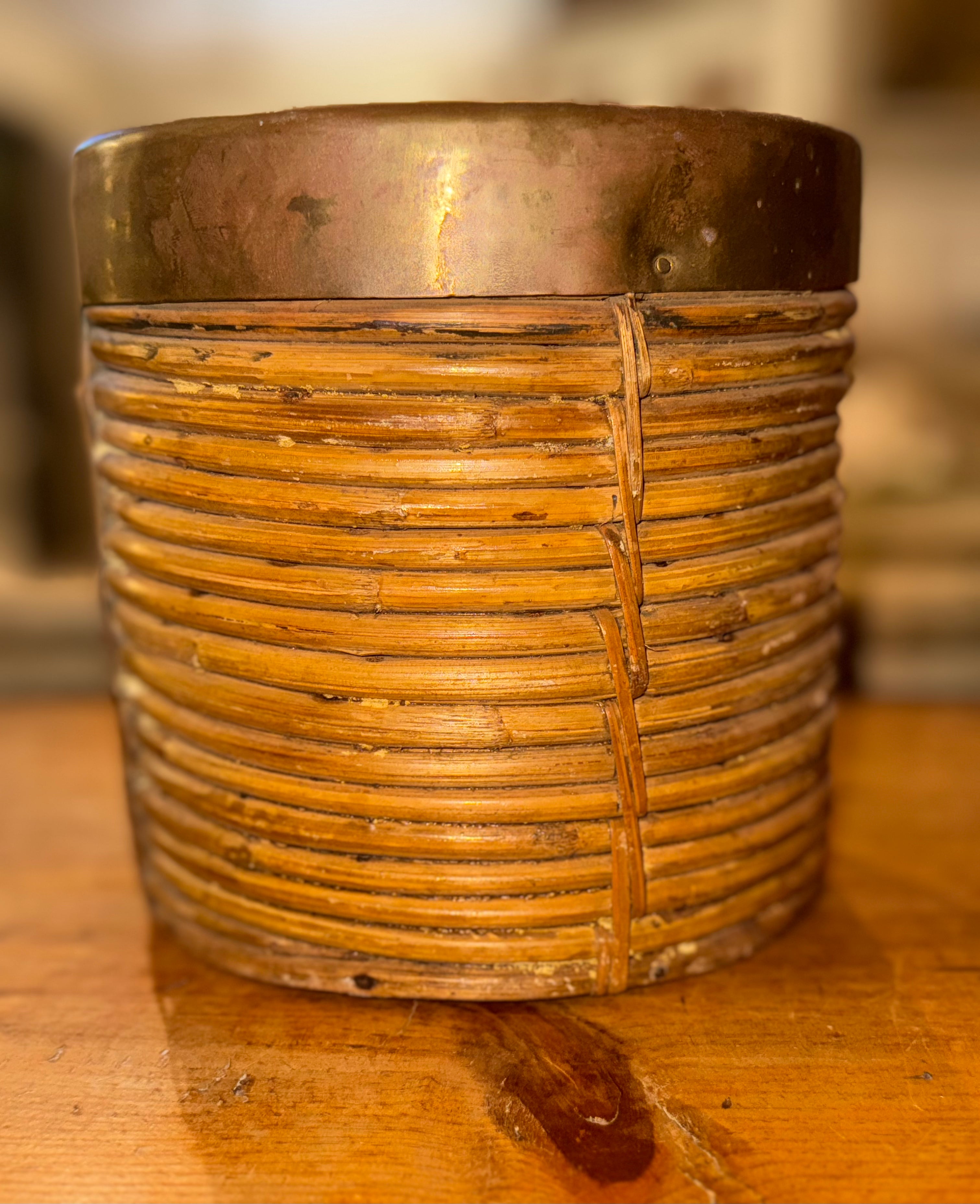 Italian Rattan & Brass Round Basket, 1970s