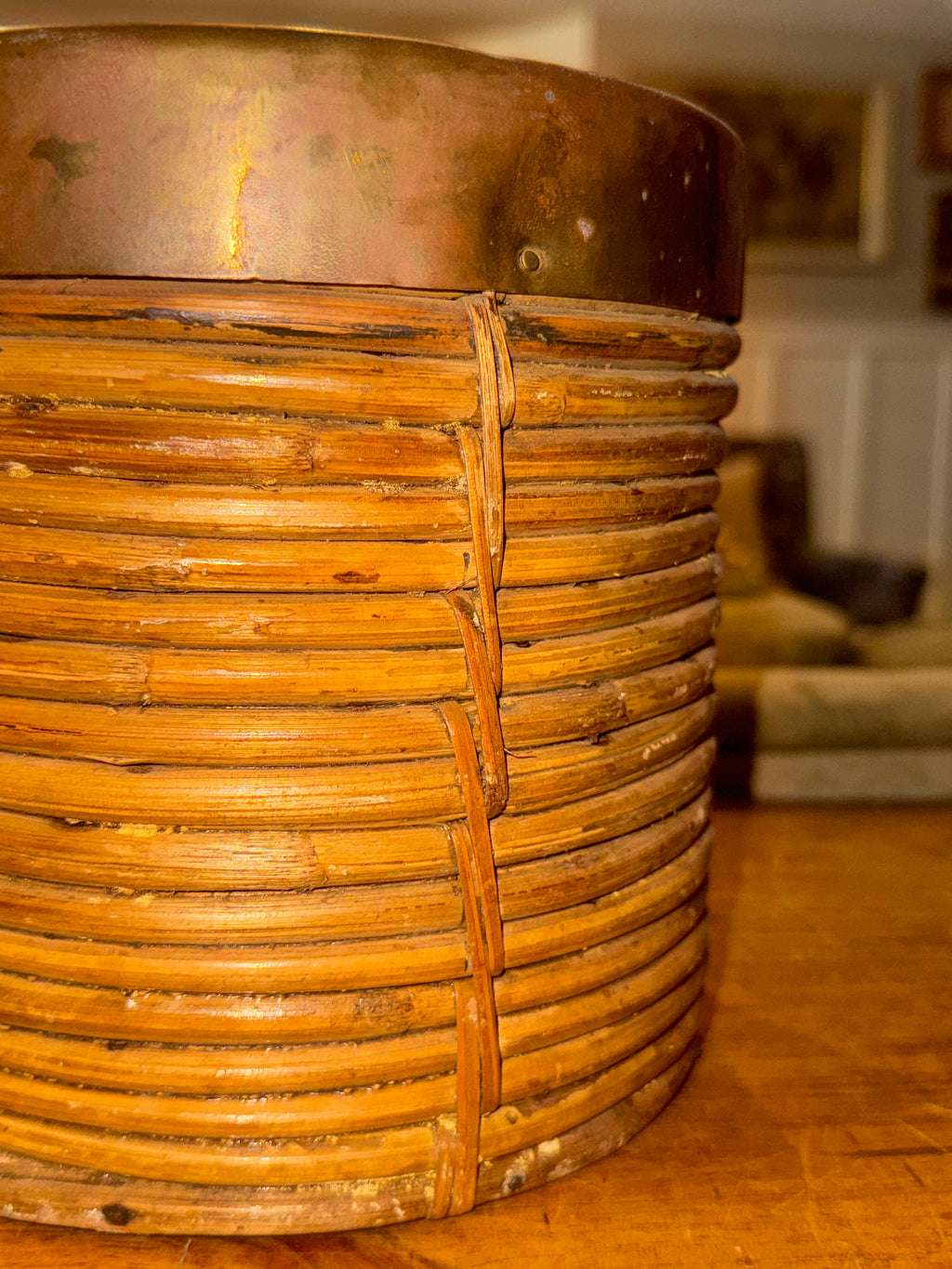 Italian Rattan & Brass Round Basket, 1970s