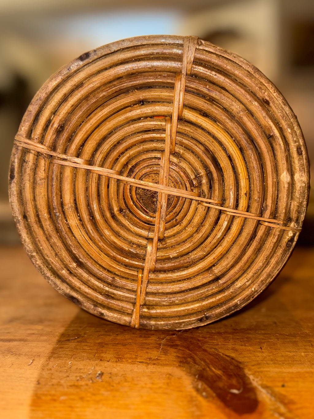 Italian Rattan & Brass Round Basket, 1970s