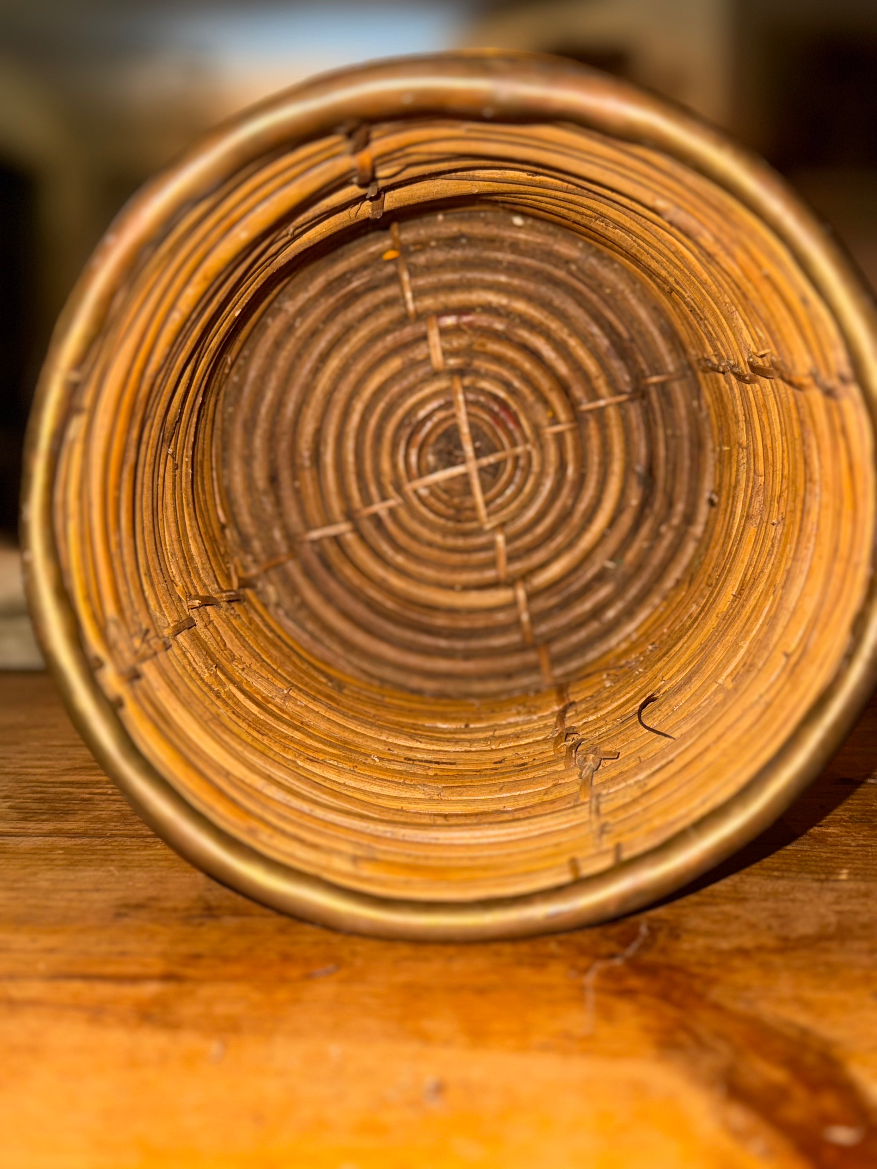 Italian Rattan & Brass Round Basket, 1970s