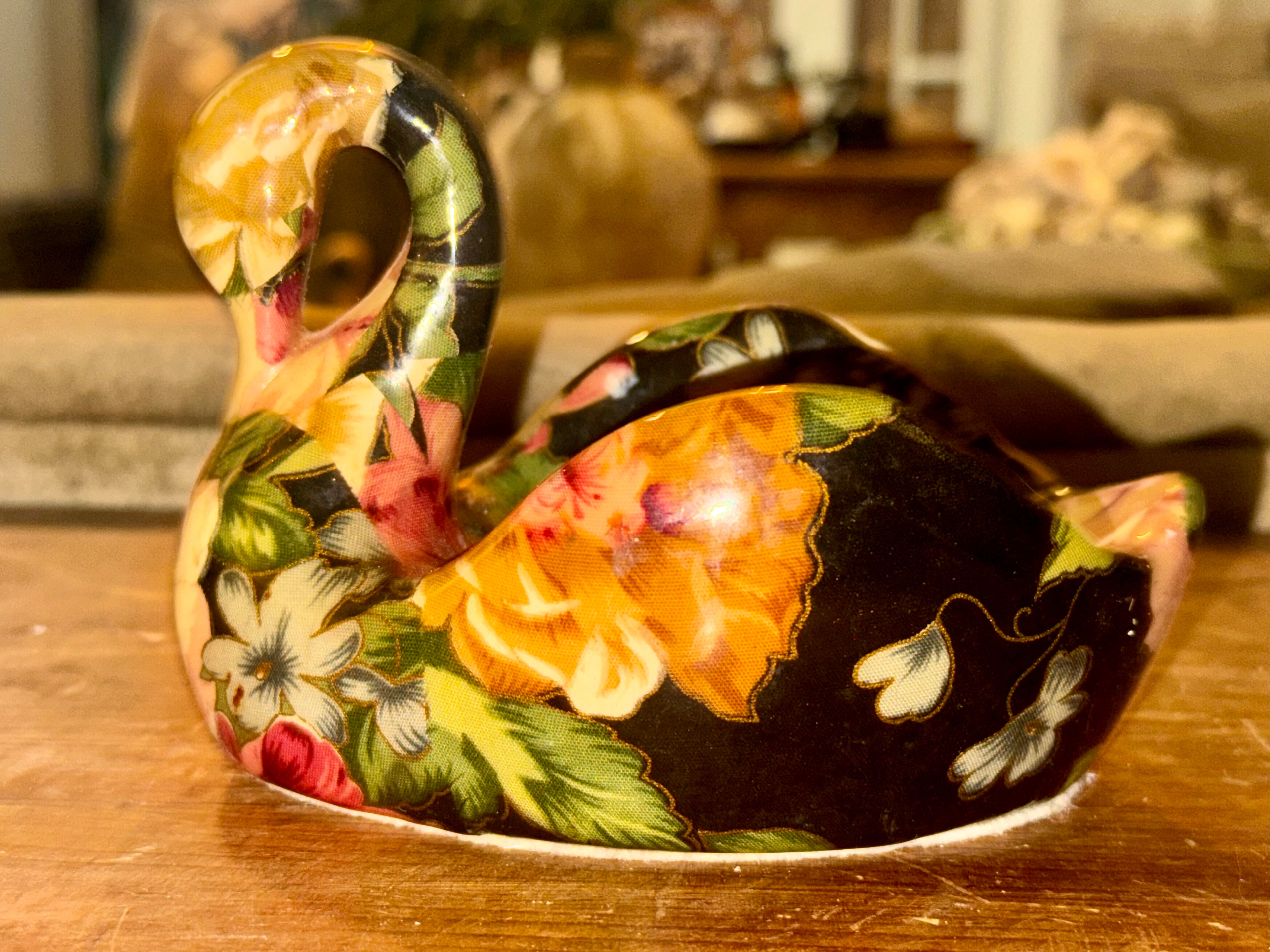 Vintage Colorful Floral Ceramic Swan Trinket Dish