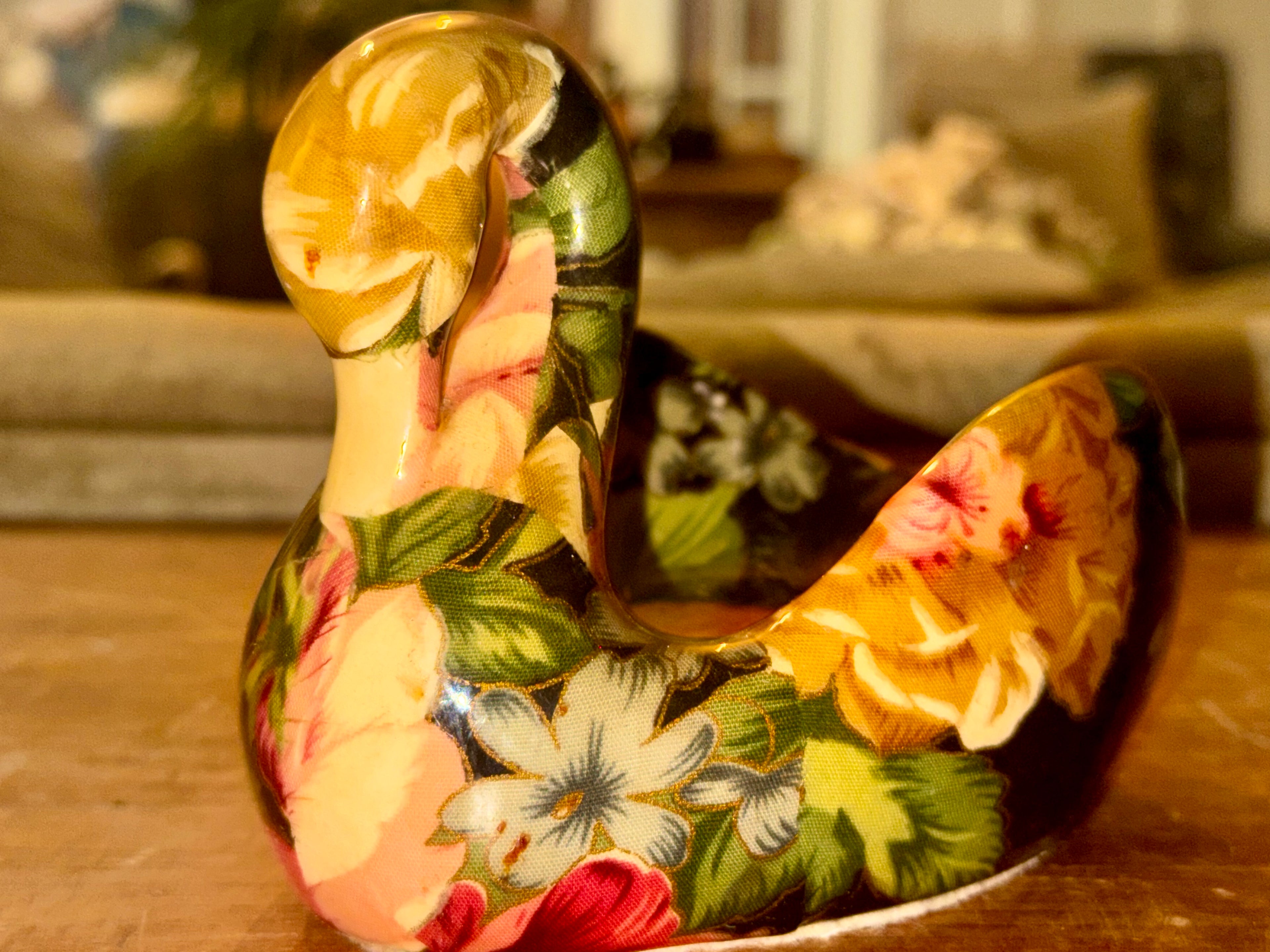 Vintage Colorful Floral Ceramic Swan Trinket Dish