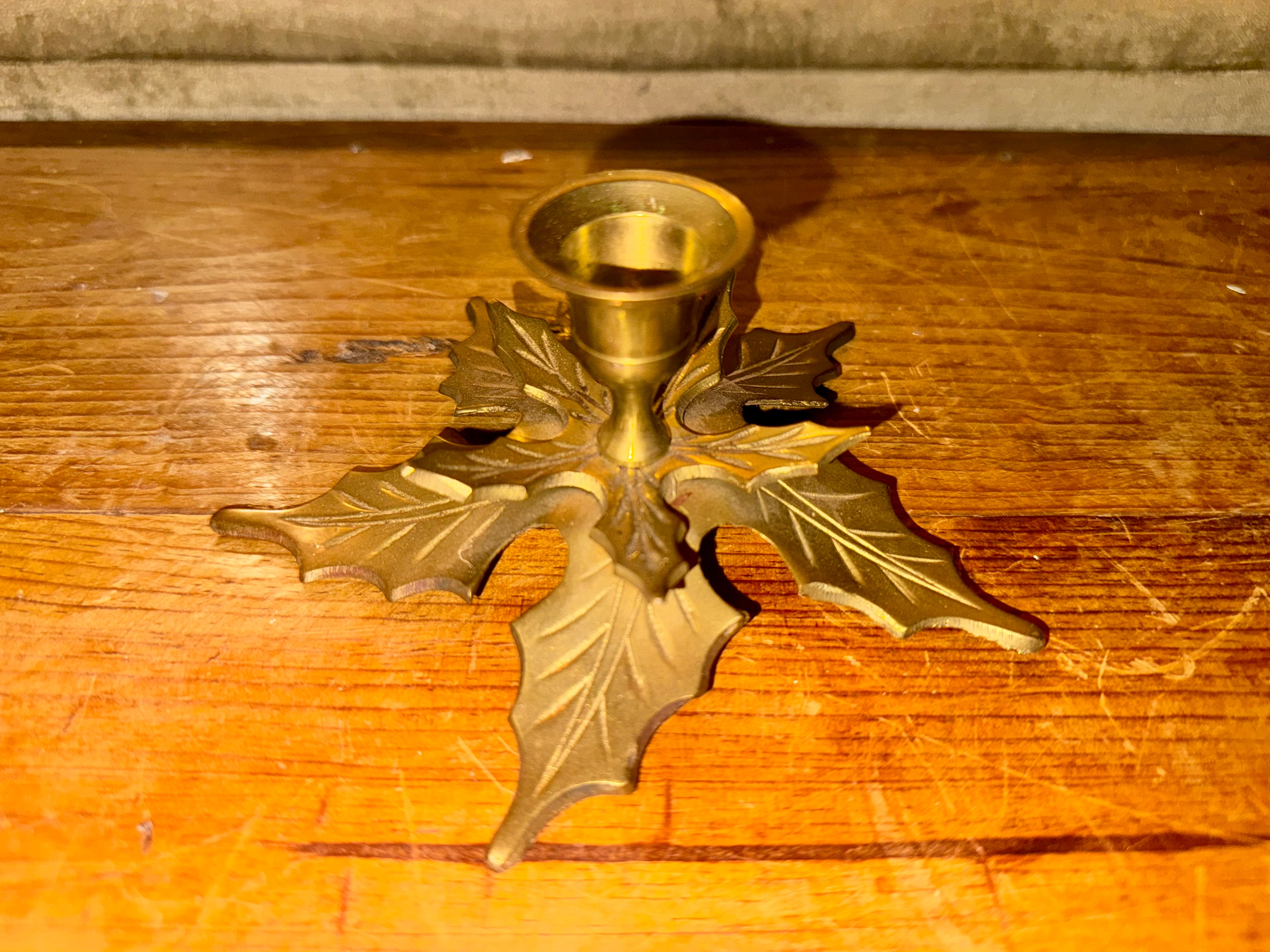 Vintage Brass Holly Candle Holder
