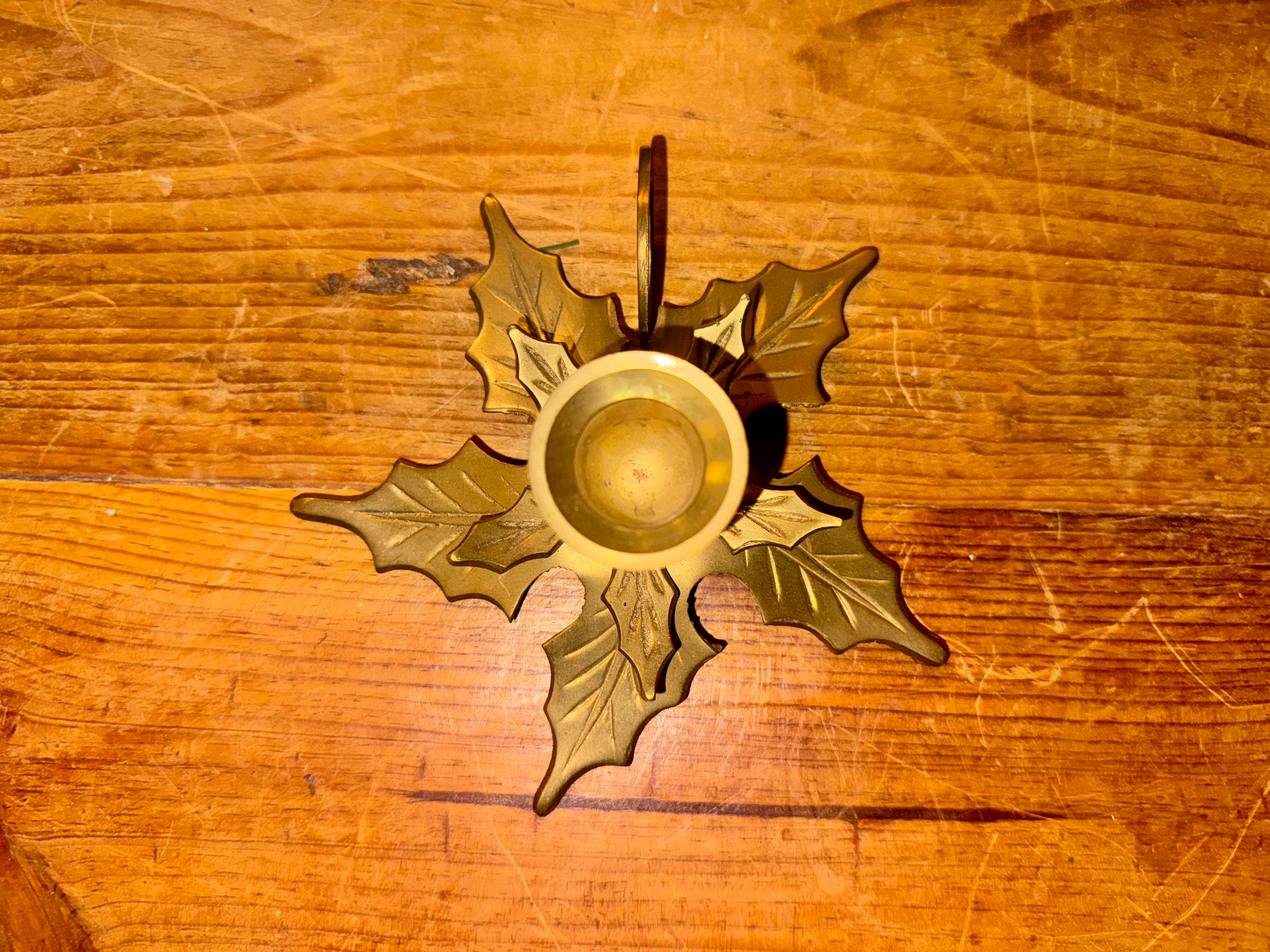 Vintage Brass Holly Candle Holder