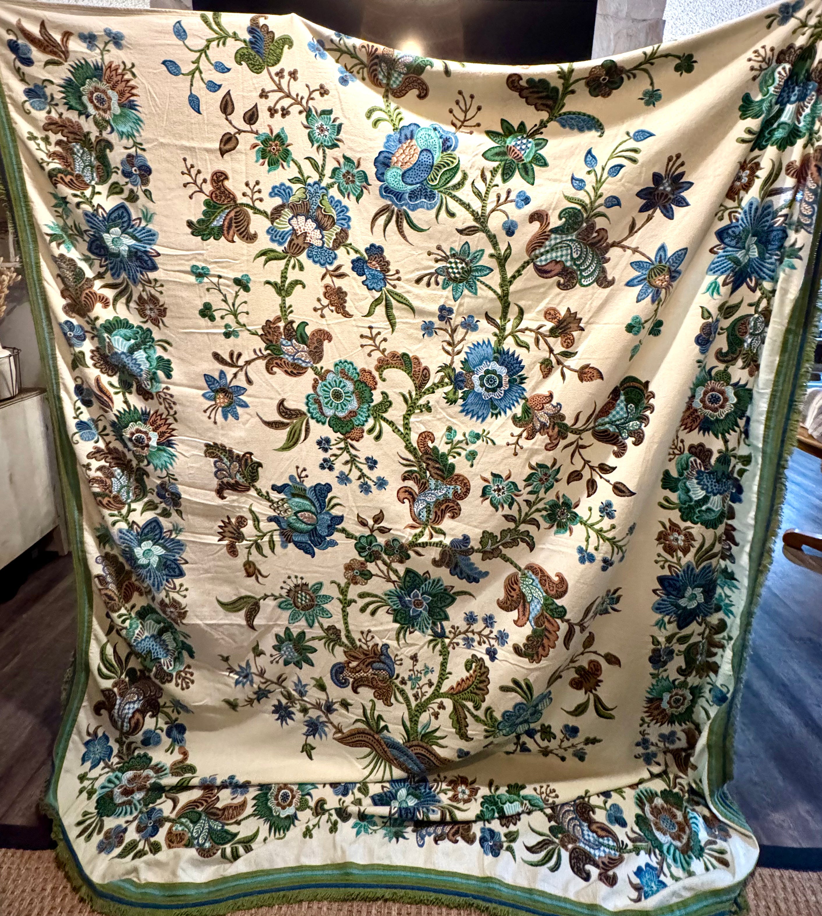Vintage Bates Bedspread Double Blue Green Floral w/ Fringe