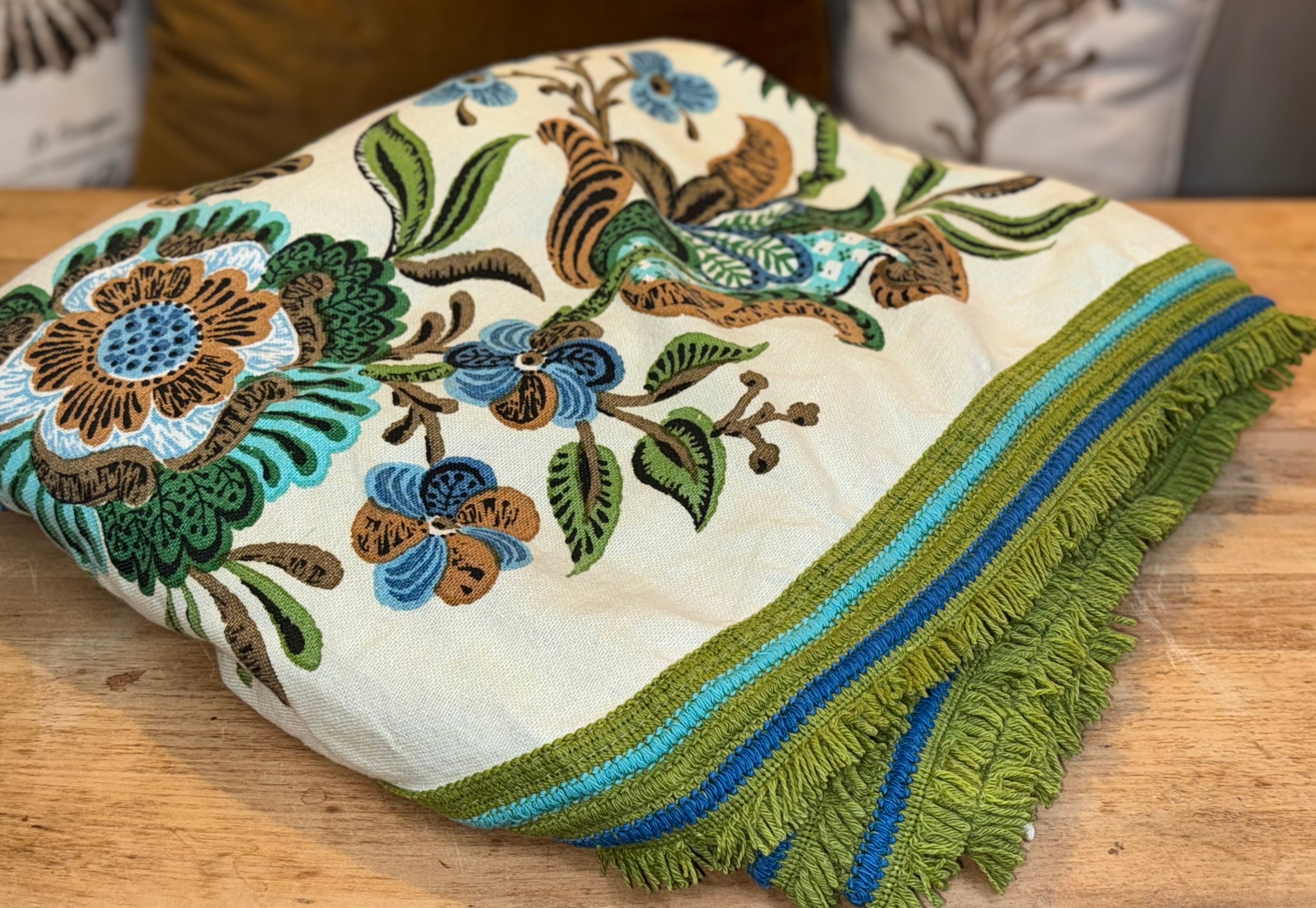 Vintage Bates Bedspread Double Blue Green Floral w/ Fringe