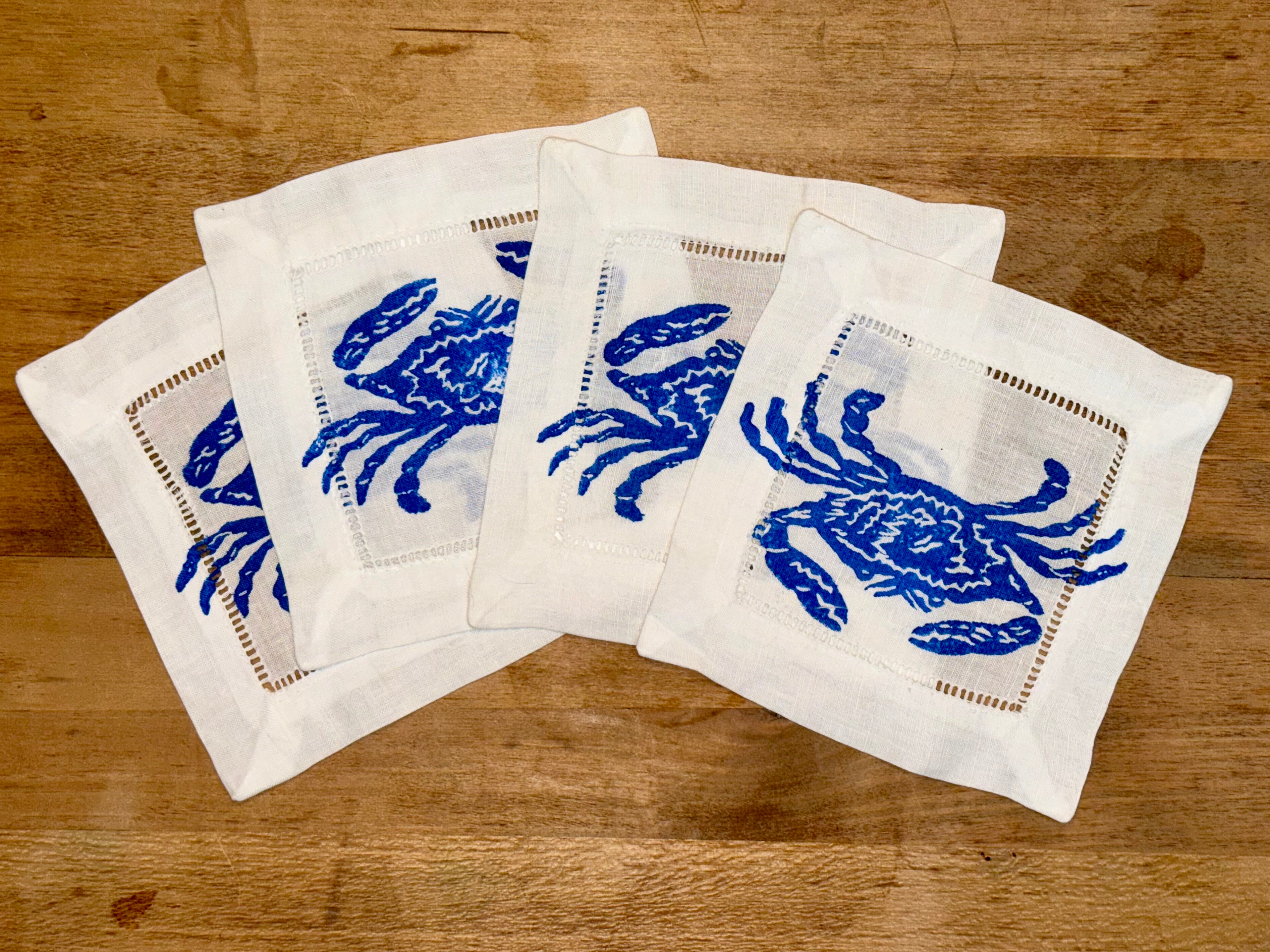 White Linen with Blue Crab Cocktail Napkins (Set of 4)