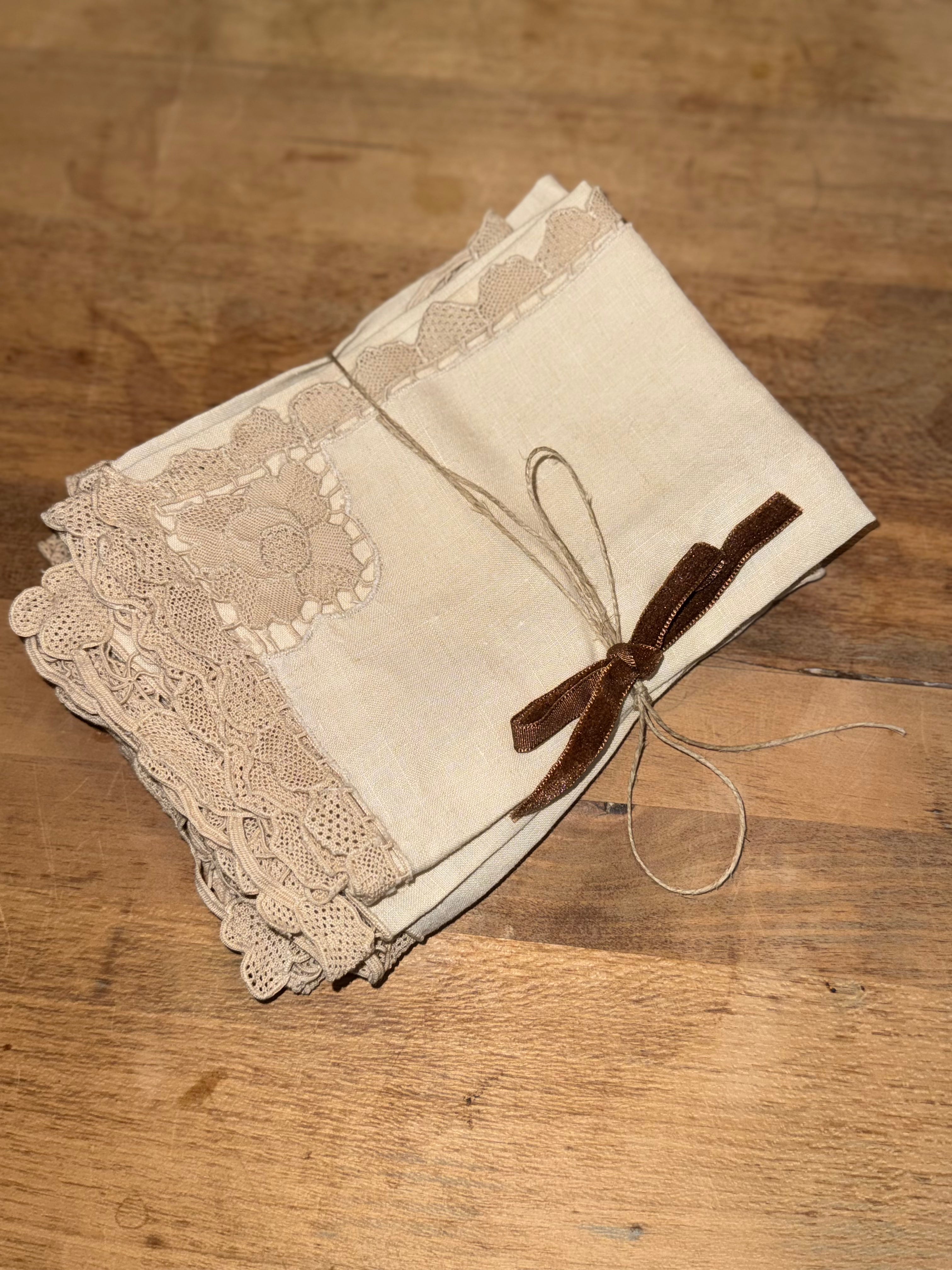 Vintage Natural Linen Napkins w/Intricate Lace and Embroidery Detail (Set of 6)