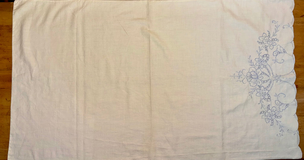 Cream Linen Pillowcase with Blue Embroidery Cut Work, King (1)
