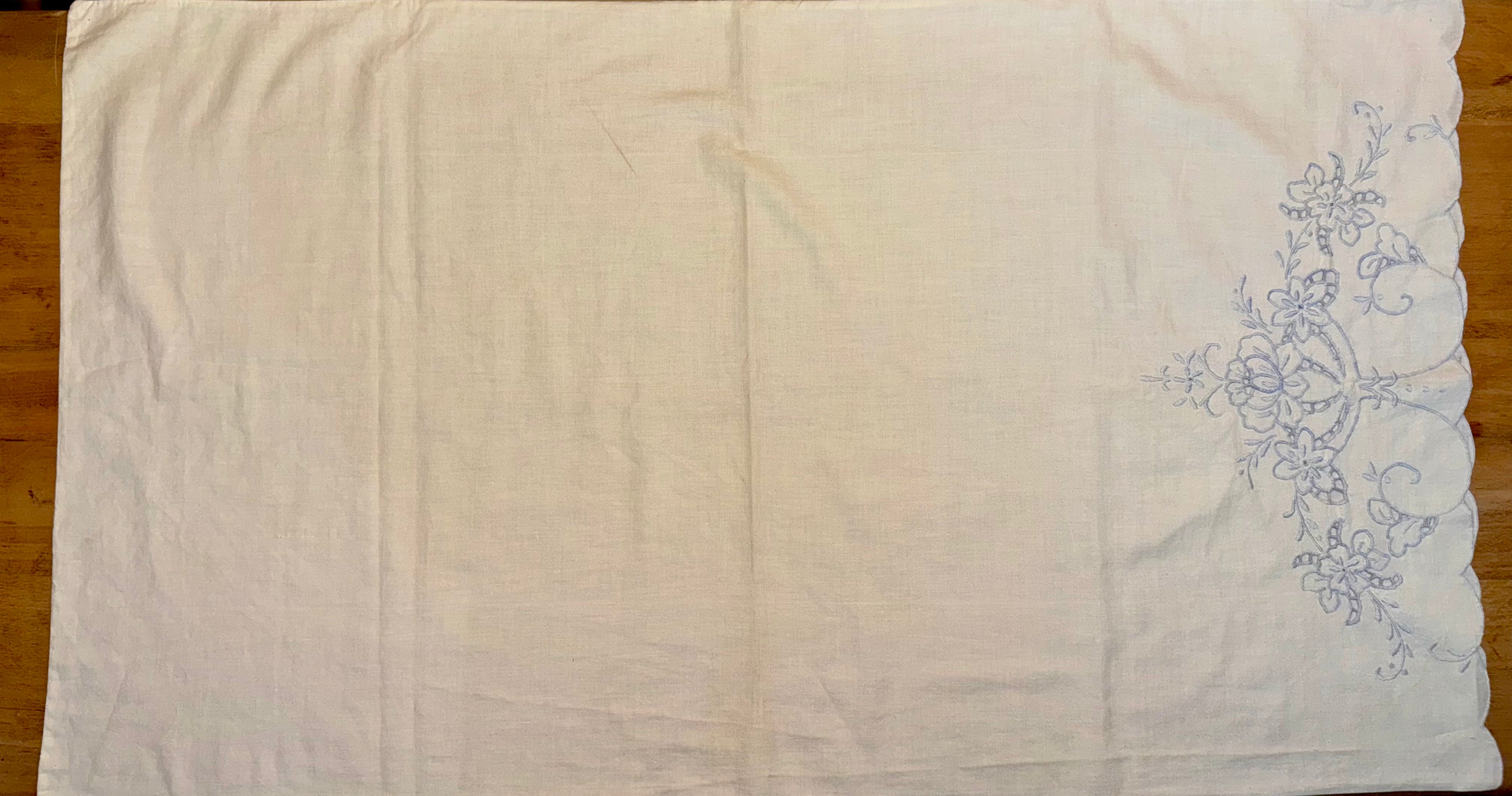 Cream Linen Pillowcase with Blue Embroidery Cut Work, King (1)