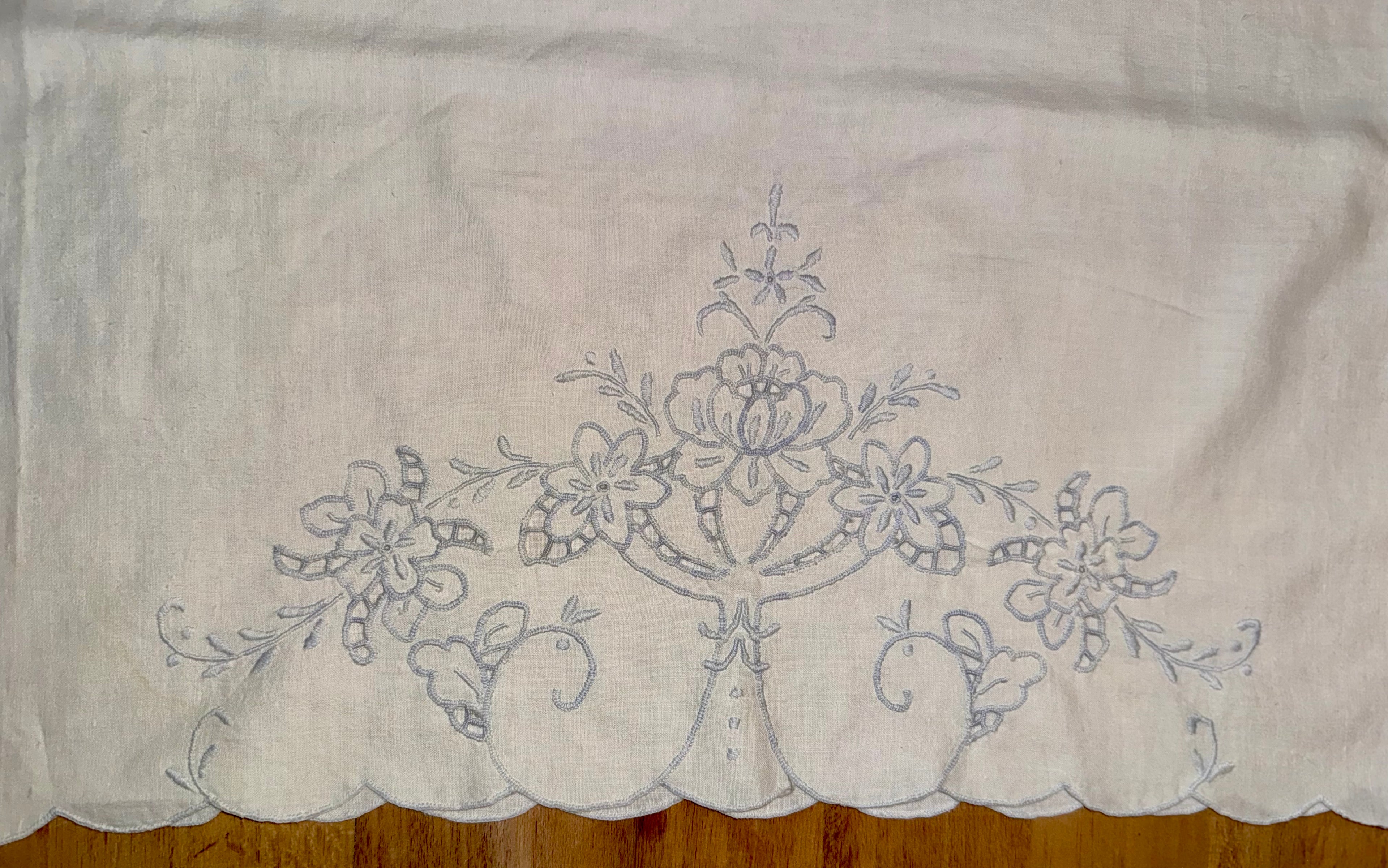 Cream Linen Pillowcase with Blue Embroidery Cut Work, King (1)