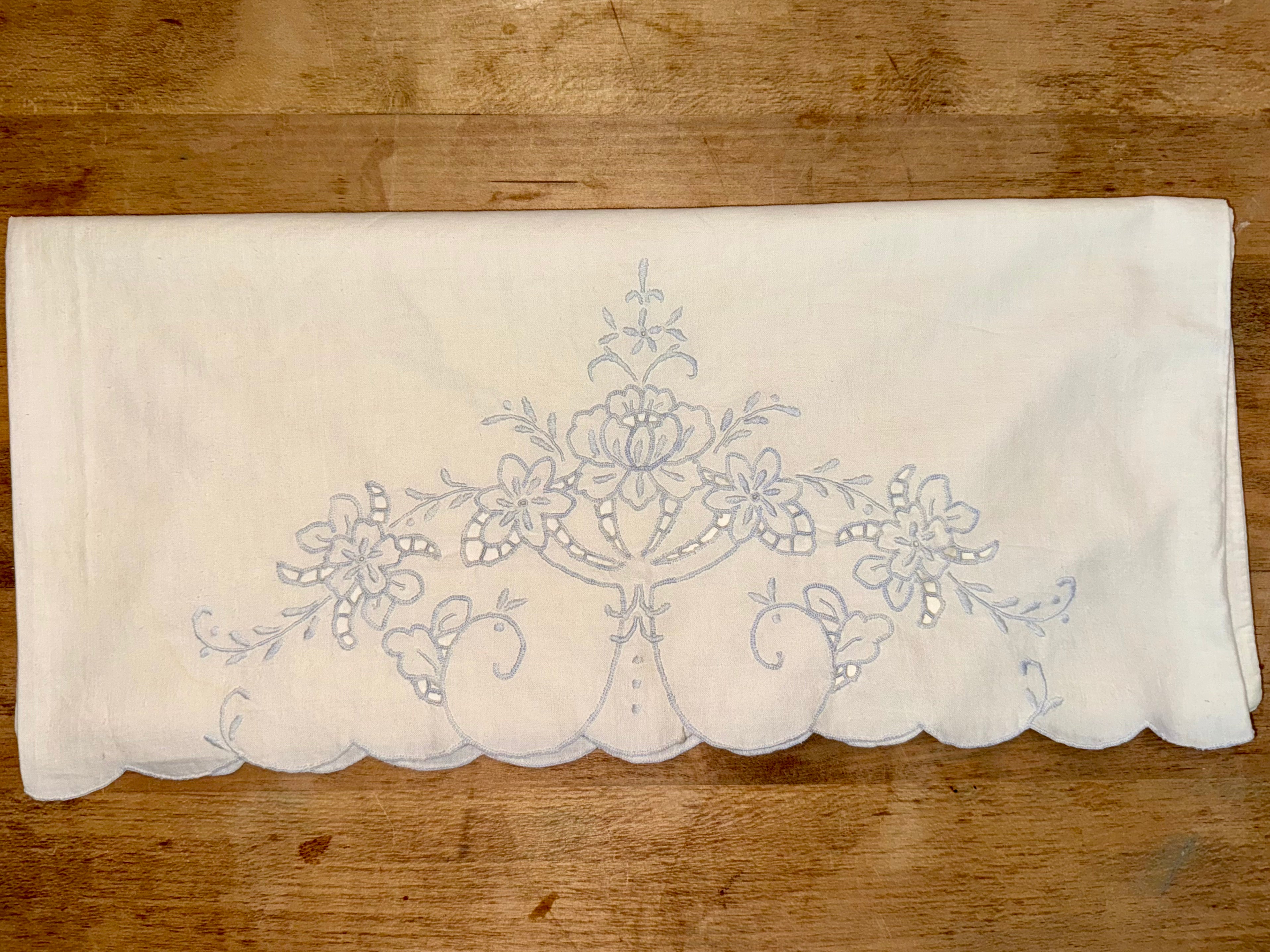 Cream Linen Pillowcase with Blue Embroidery Cut Work, King (1)