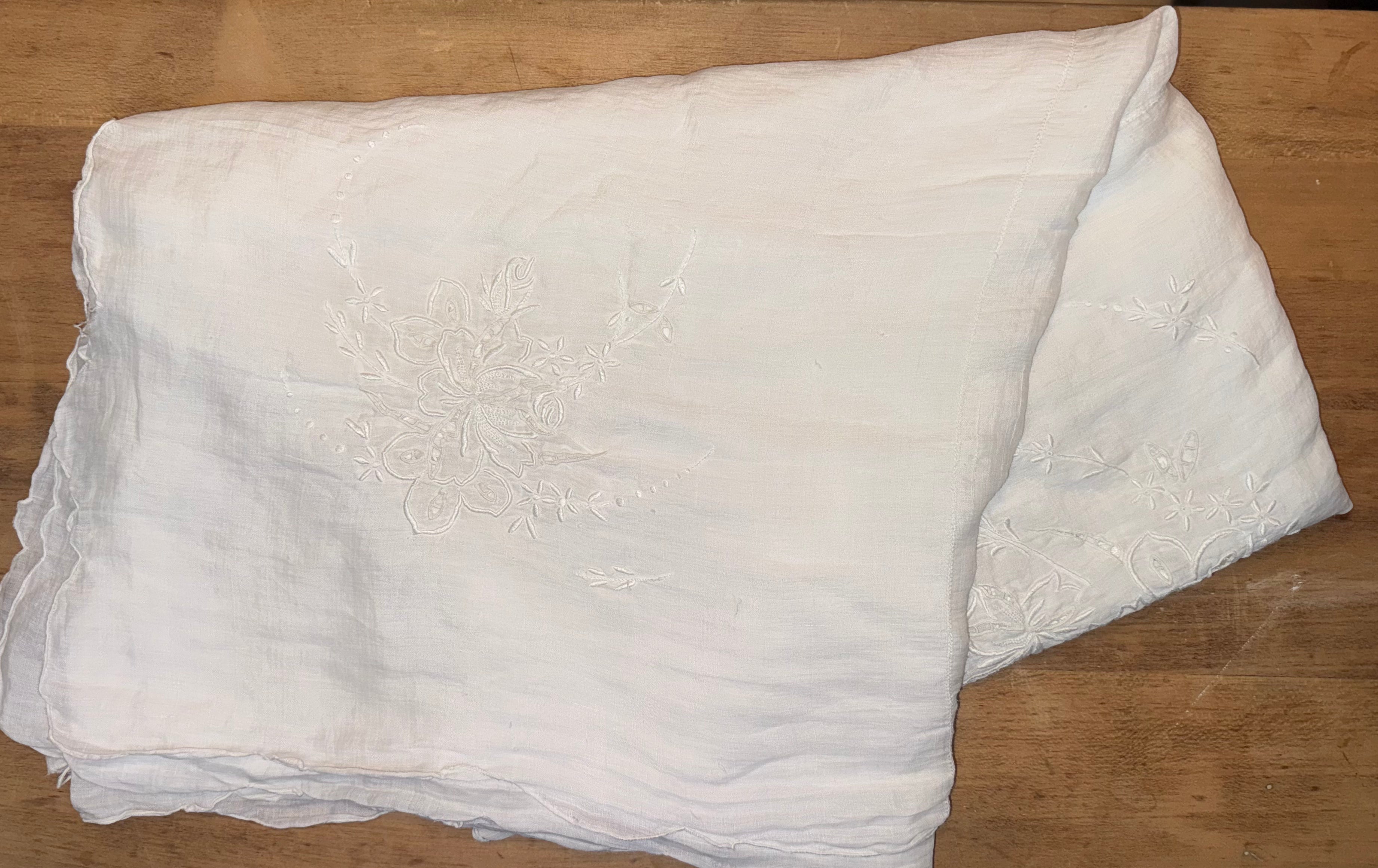 Cream Linen Pillowcase with Blue Embroidery Cut Work, King (1)