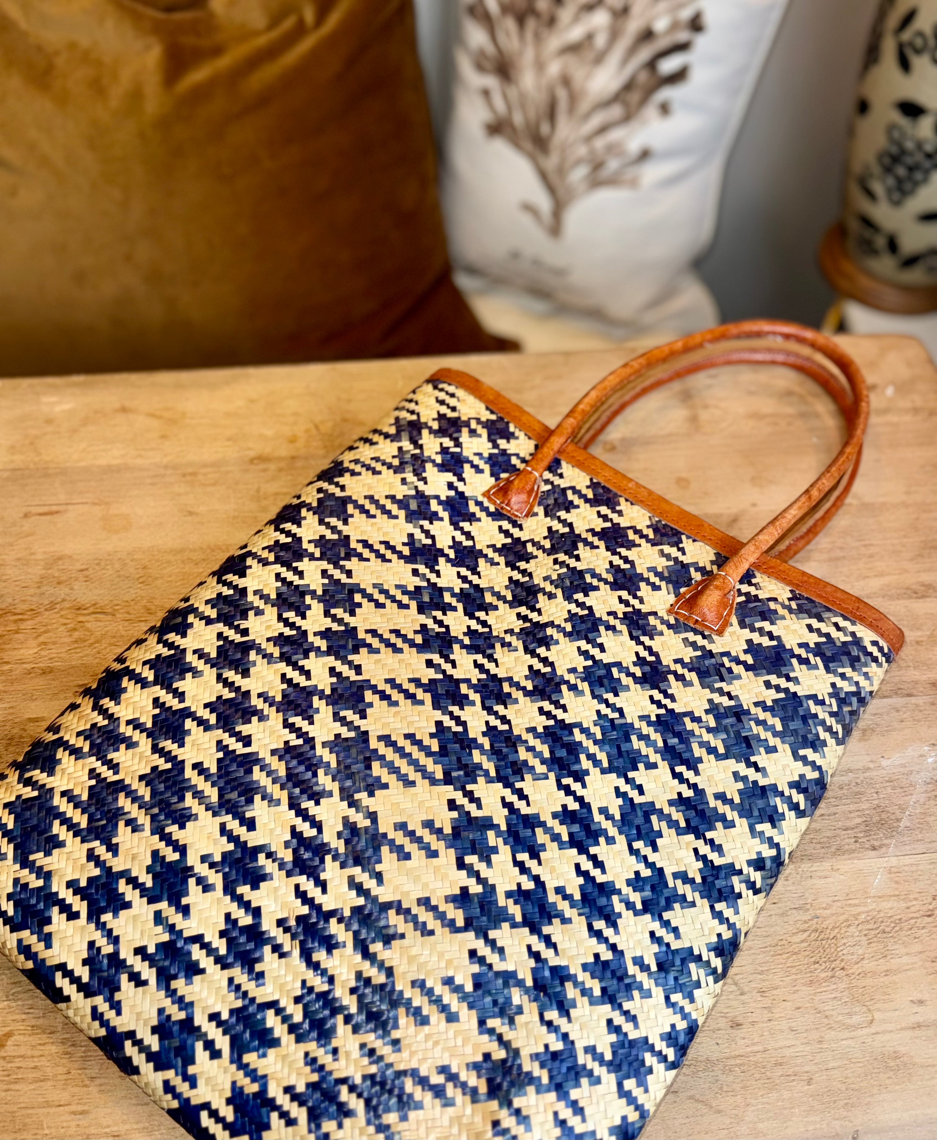 Navy and Natural Hounds Tooth Straw Tote