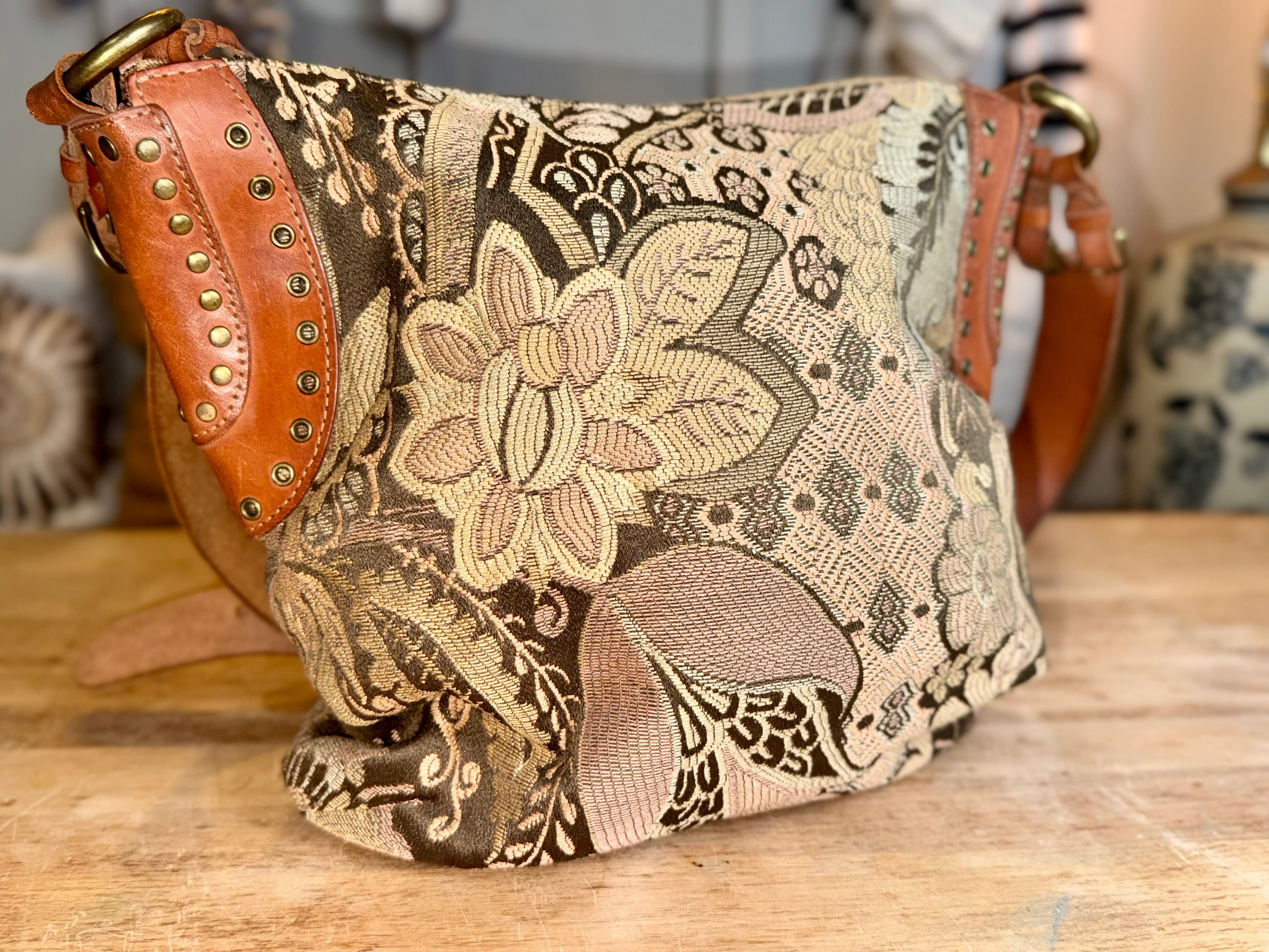 Vintage Fossil Tapestry/Leather Saddle Bag