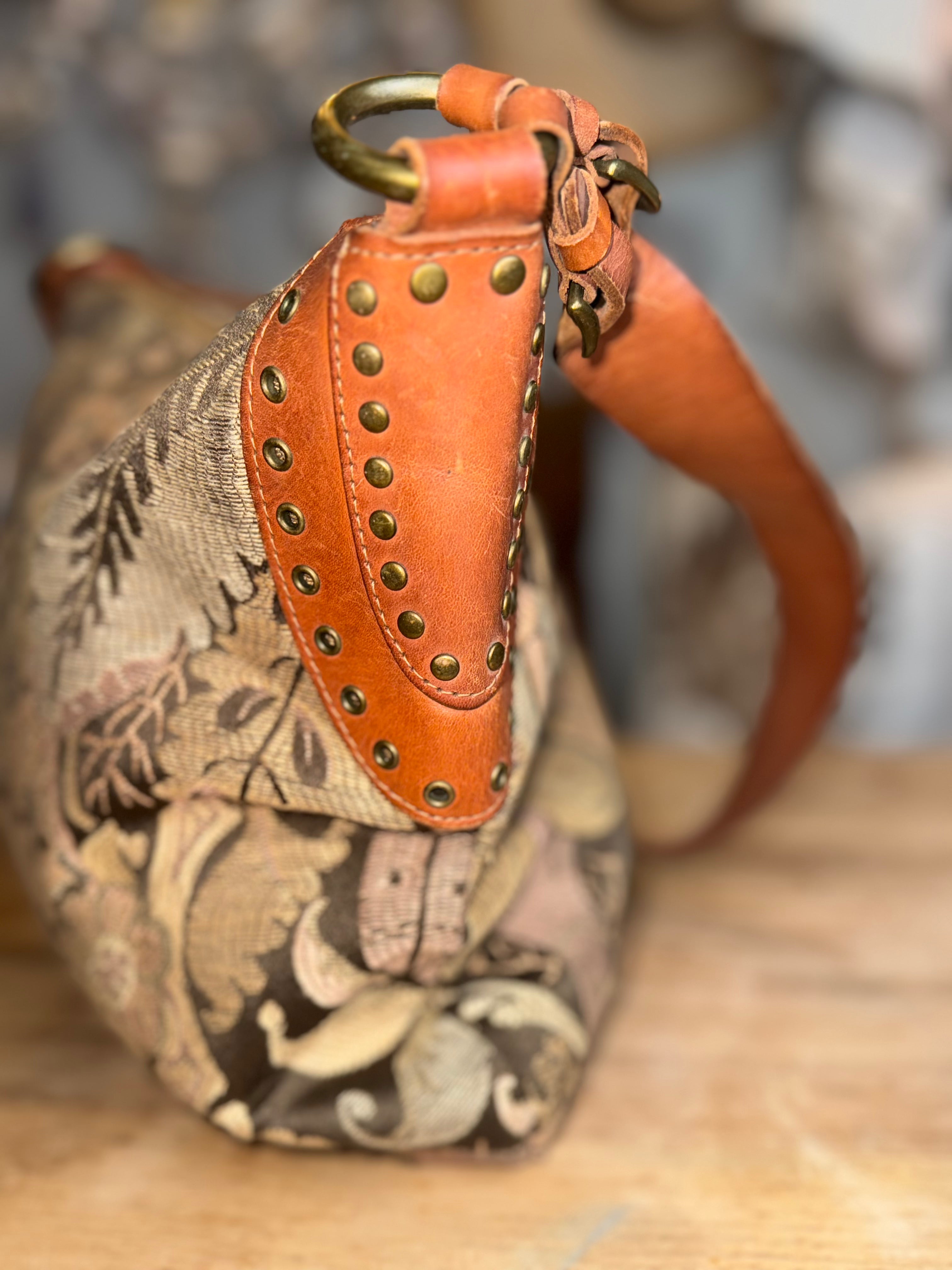 Vintage Fossil Tapestry/Leather Saddle Bag