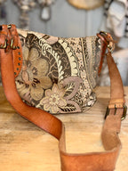 Vintage Fossil Tapestry/Leather Saddle Bag