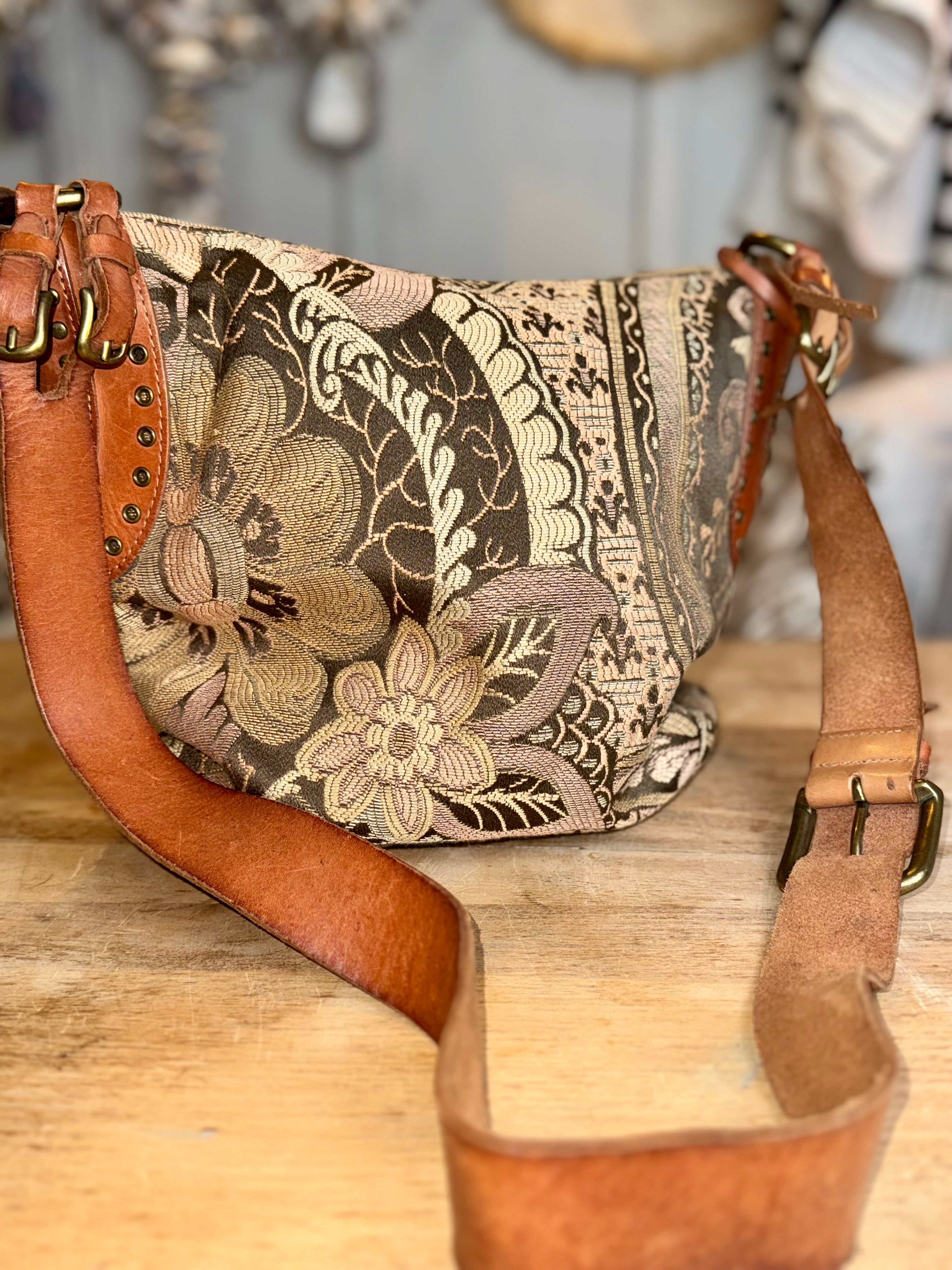 Vintage Fossil Tapestry/Leather Saddle Bag