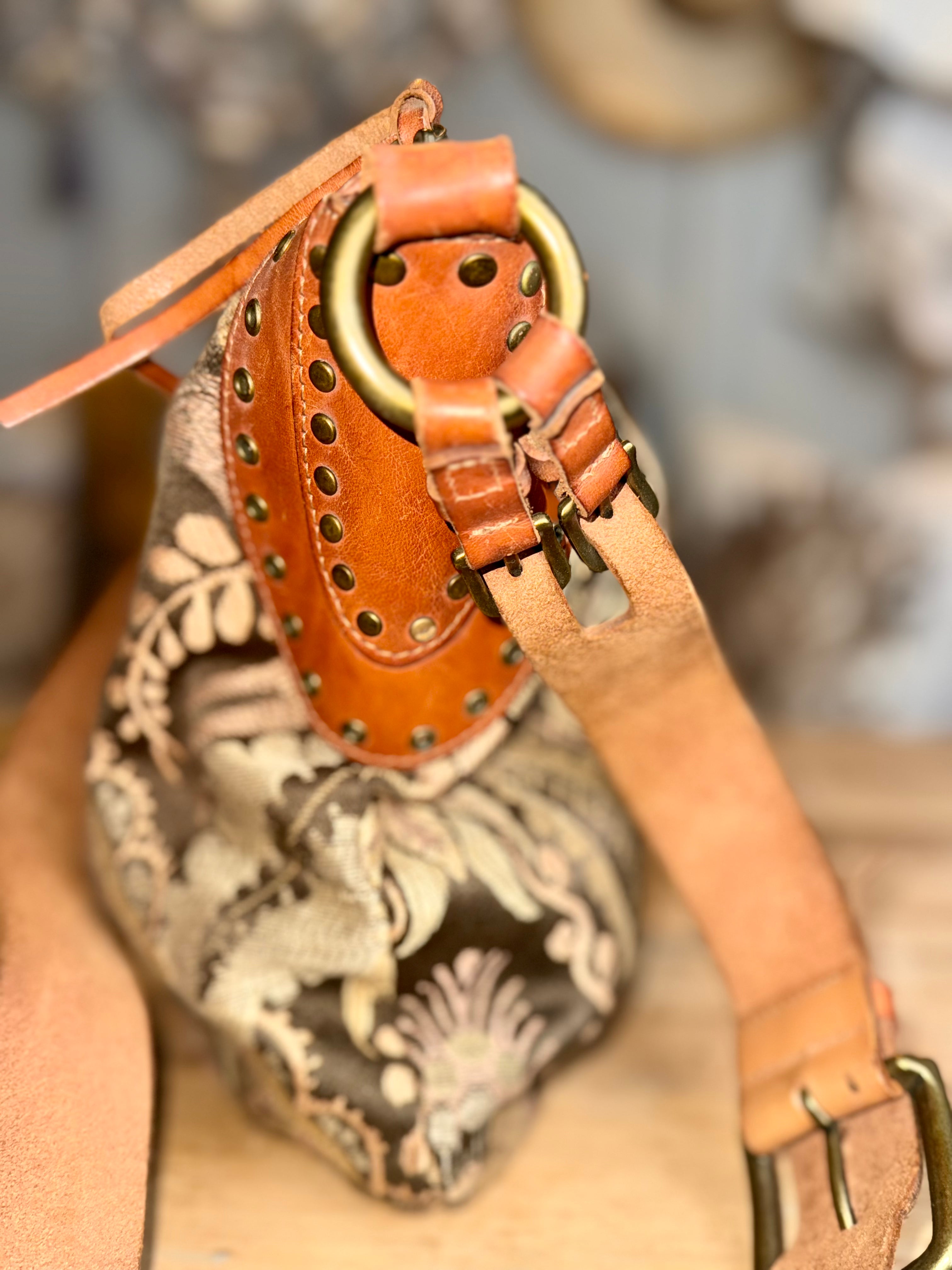 Vintage Fossil Tapestry/Leather Saddle Bag