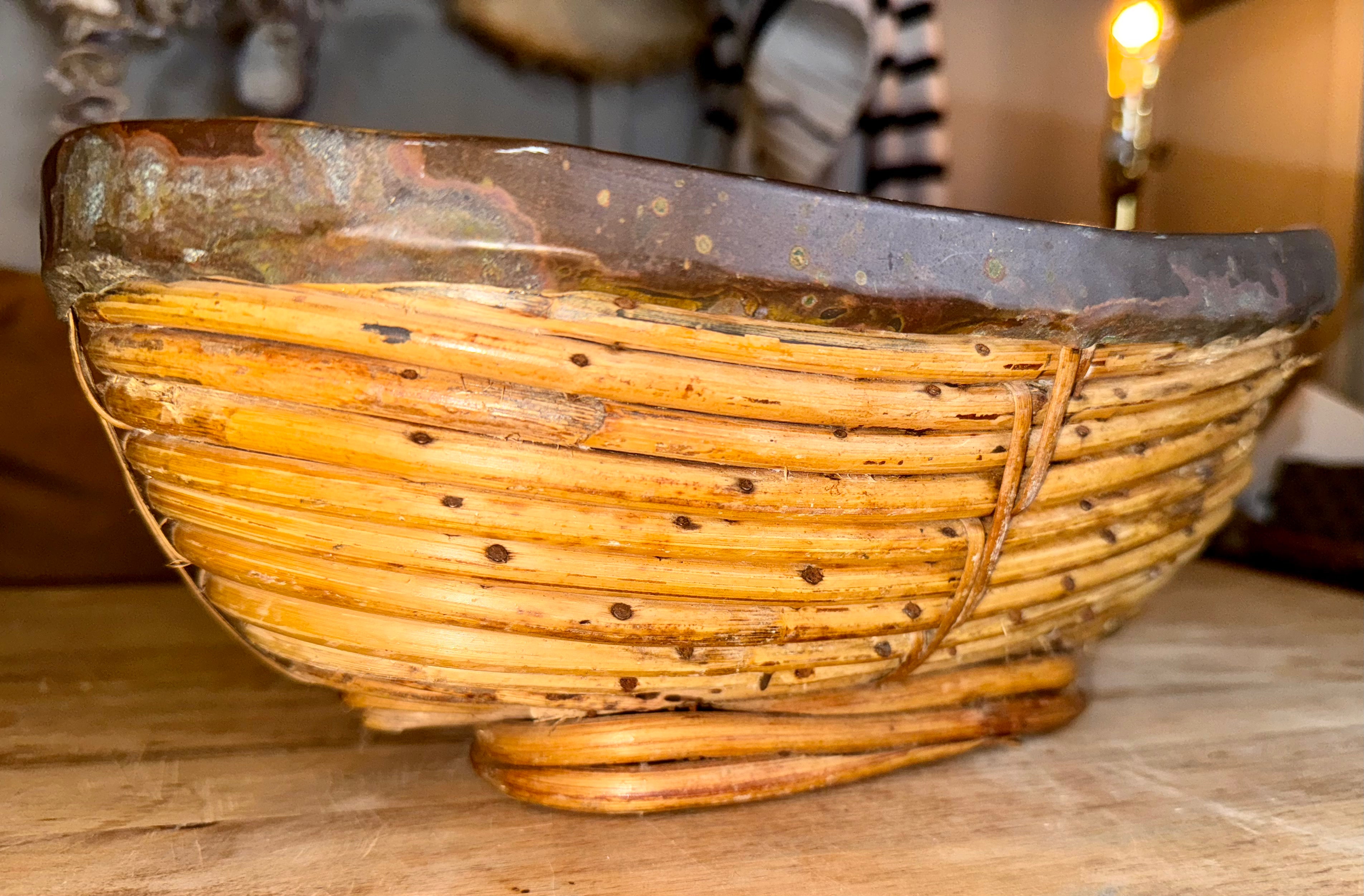 Vintage Woven Rattan Bowl with Brass Rim – Handcrafted Rustic Decorative Basket