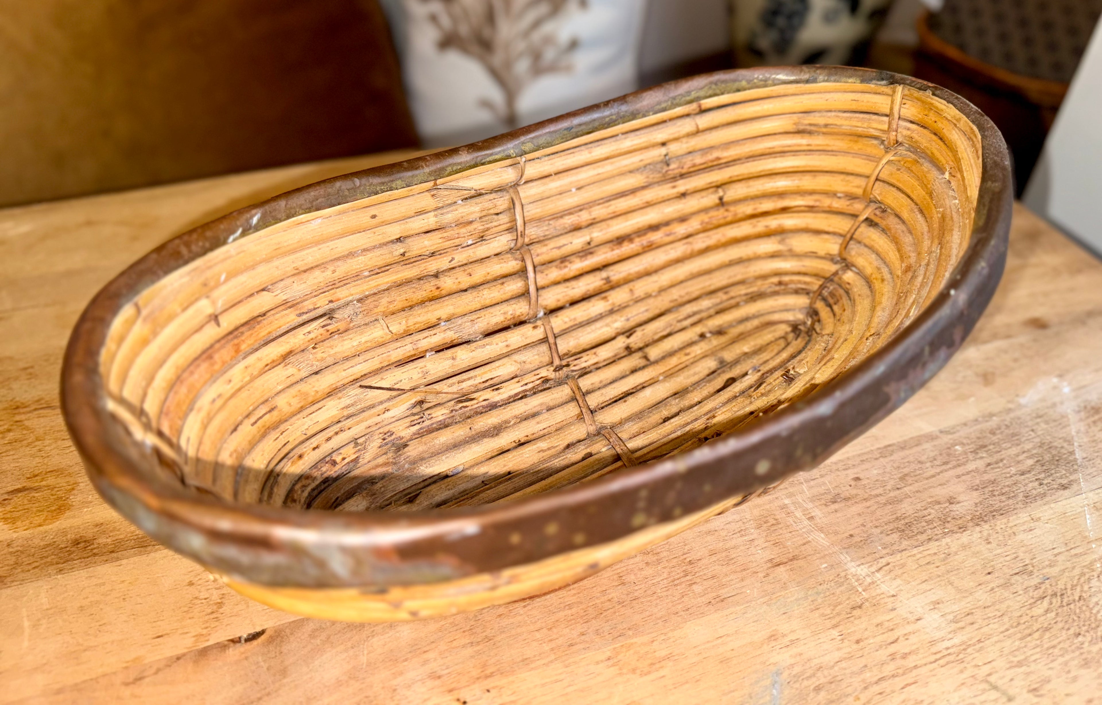 Vintage Woven Rattan Bowl with Brass Rim – Handcrafted Rustic Decorative Basket