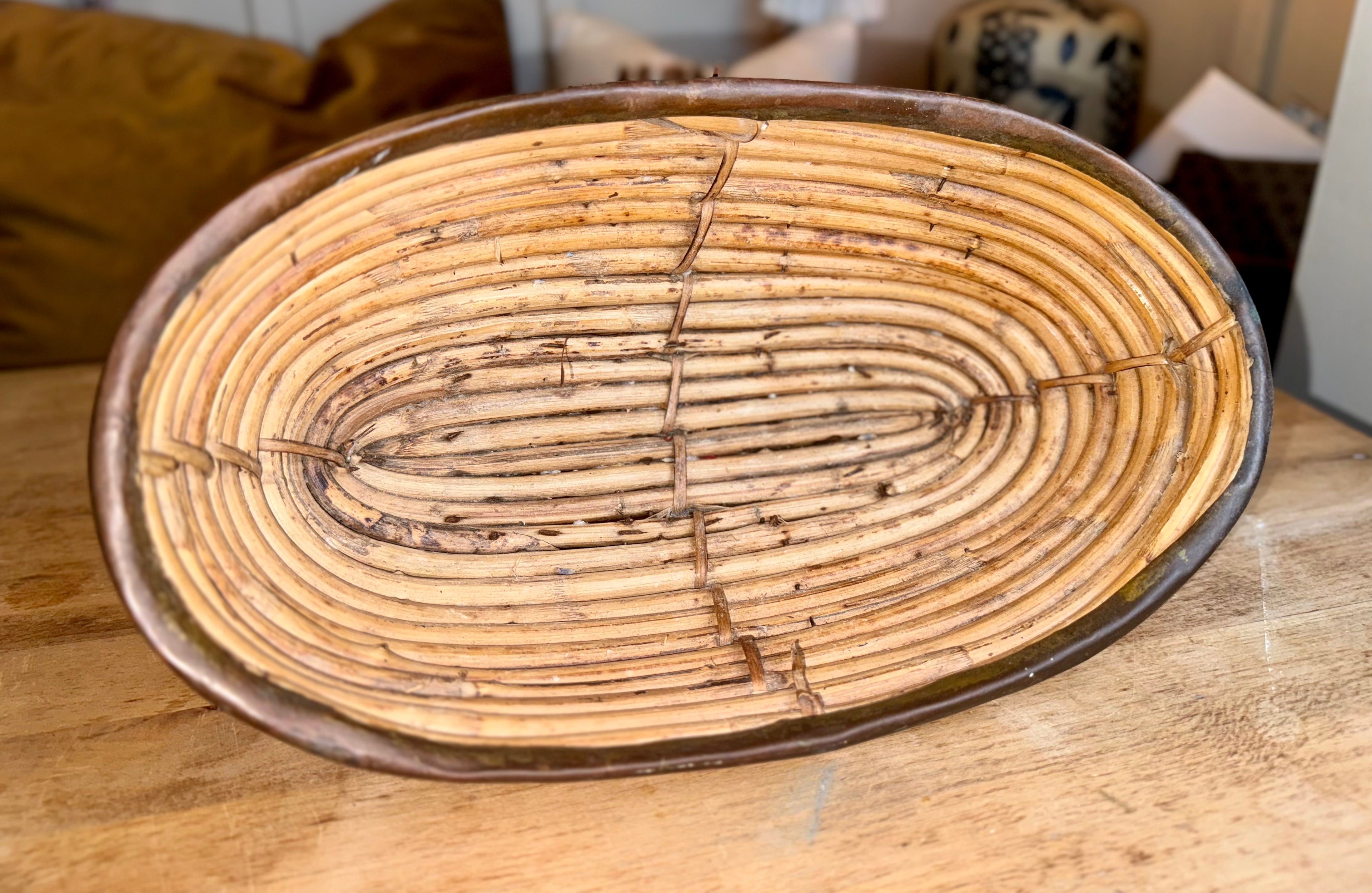 Vintage Woven Rattan Bowl with Brass Rim – Handcrafted Rustic Decorative Basket