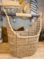 Handwoven Seagrass & Wire Market Basket with Wooden Handle – Large Decorative Storage Tote