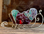 Stained Glass & Metal Christmas Sleigh Suncatcher with Holly Candleholder