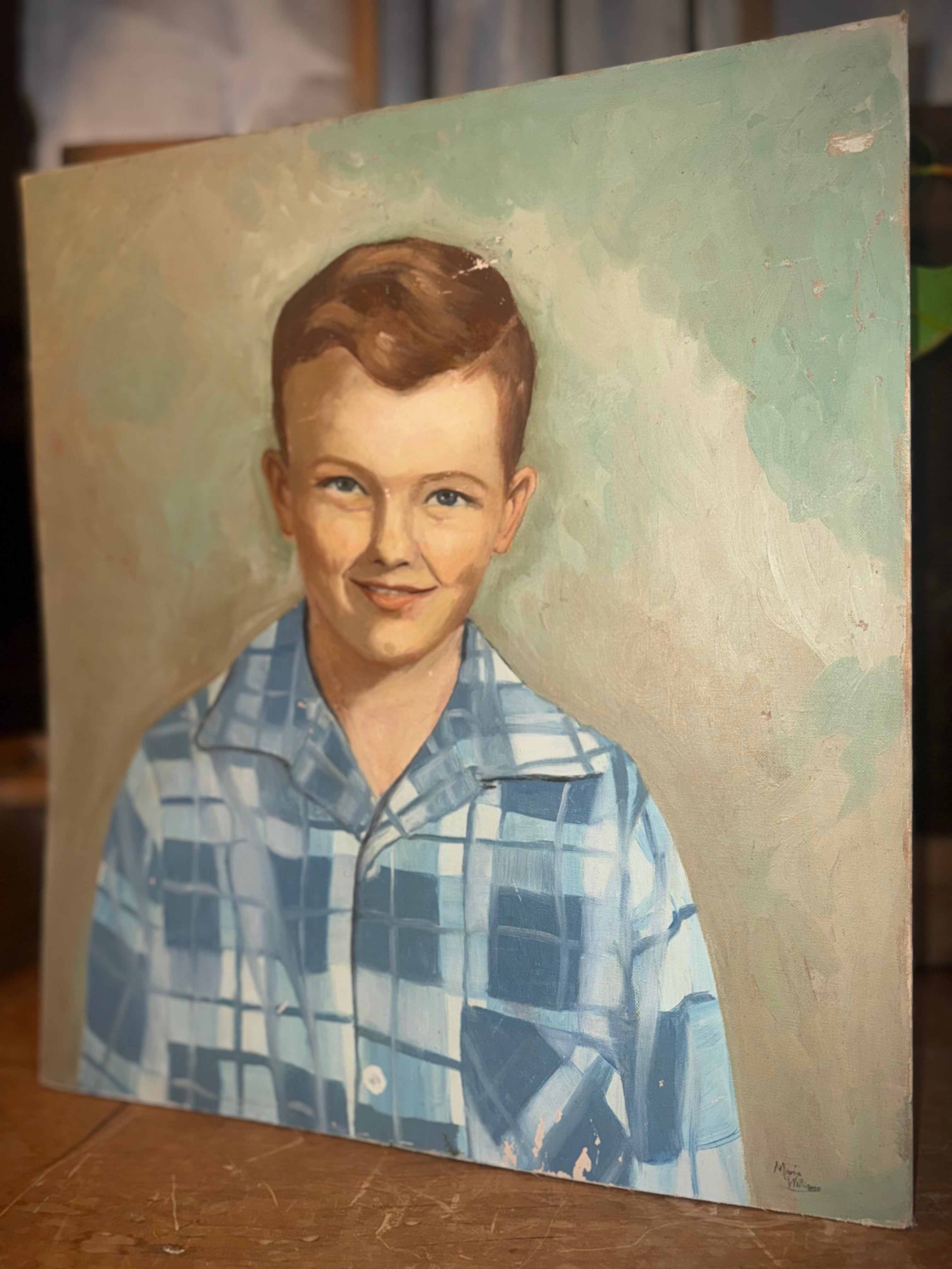 Signed Vintage Painting of A Boy In Blue