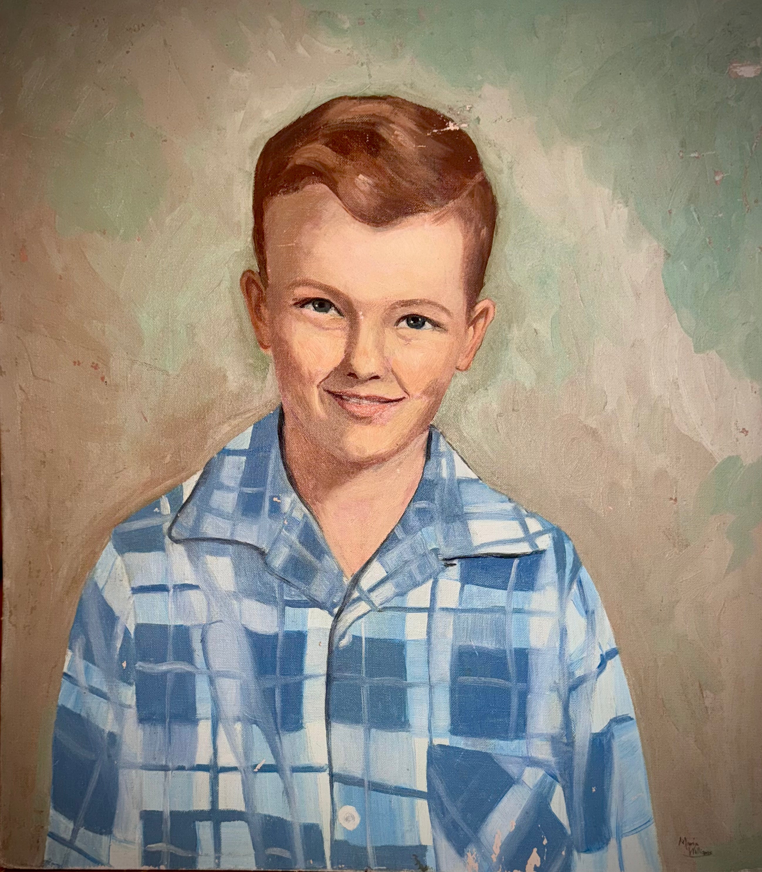 Signed Vintage Painting of A Boy In Blue
