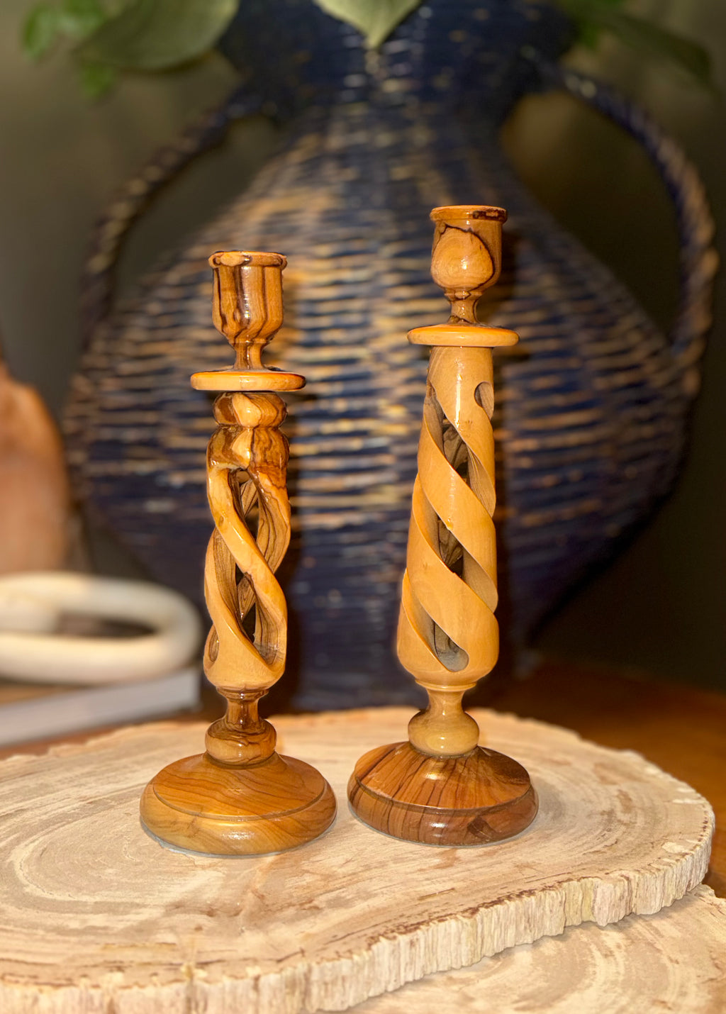 Olive Wood Candle Stick Holder Set