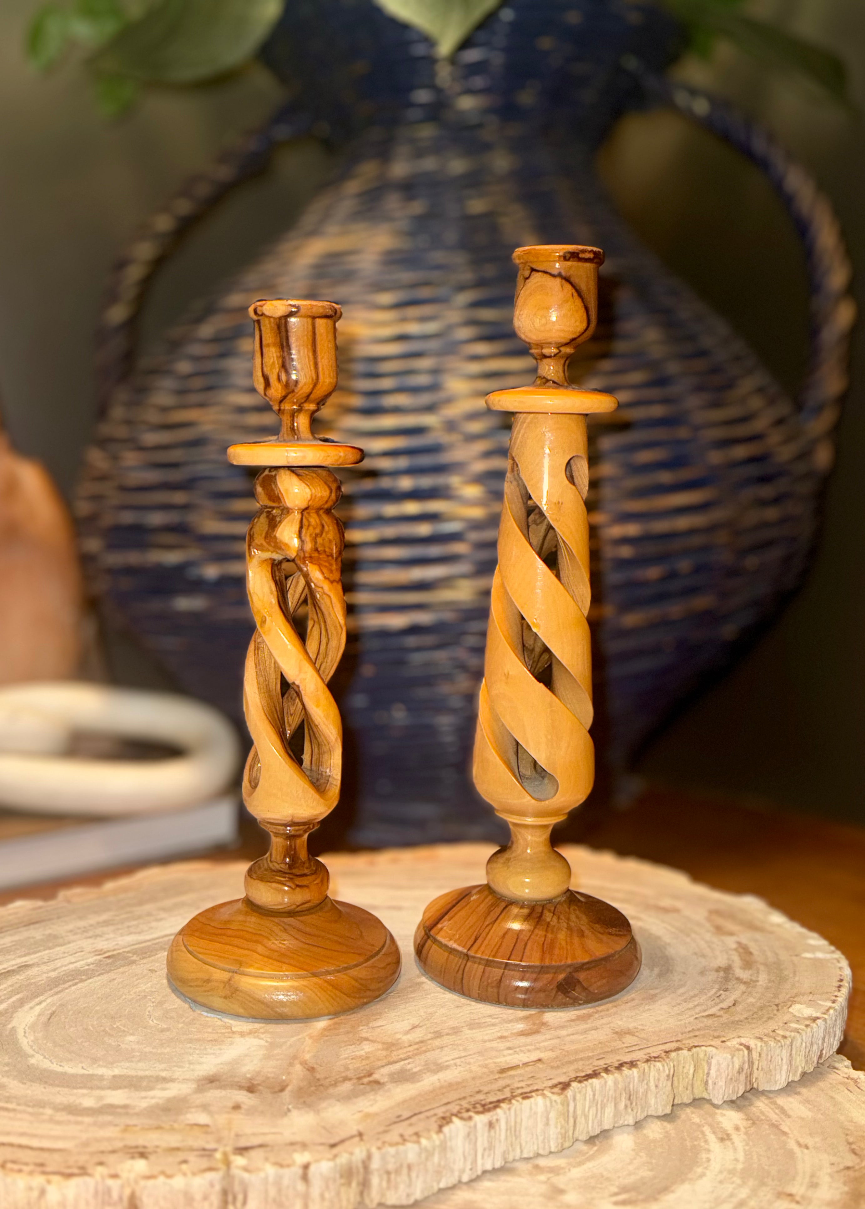 Olive Wood Candle Stick Holder Set